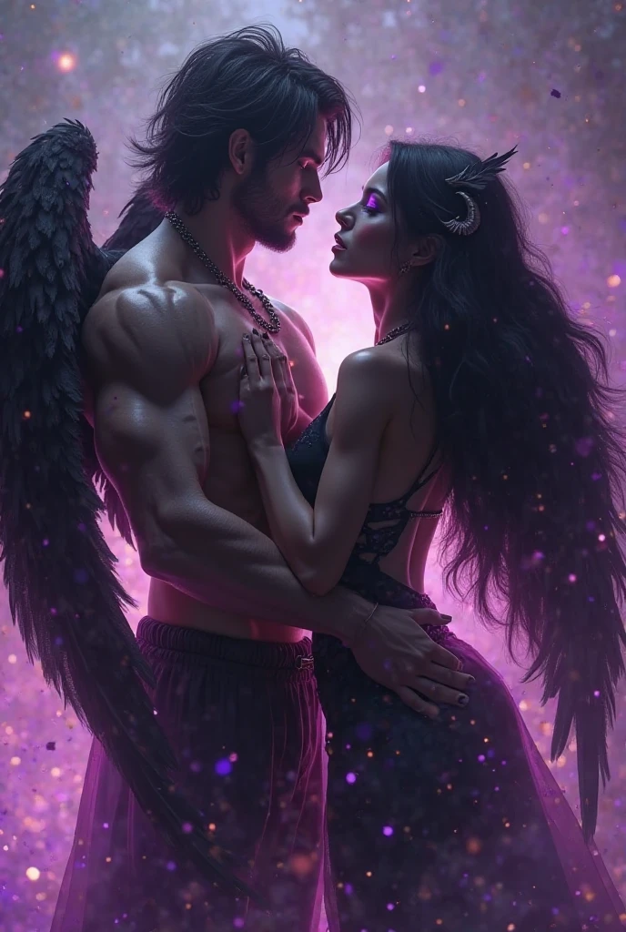 Korean purple haired butterfly woman in headphones with short shiny outfit and pink glittery wings dancing with young white haired muscular man in jazz