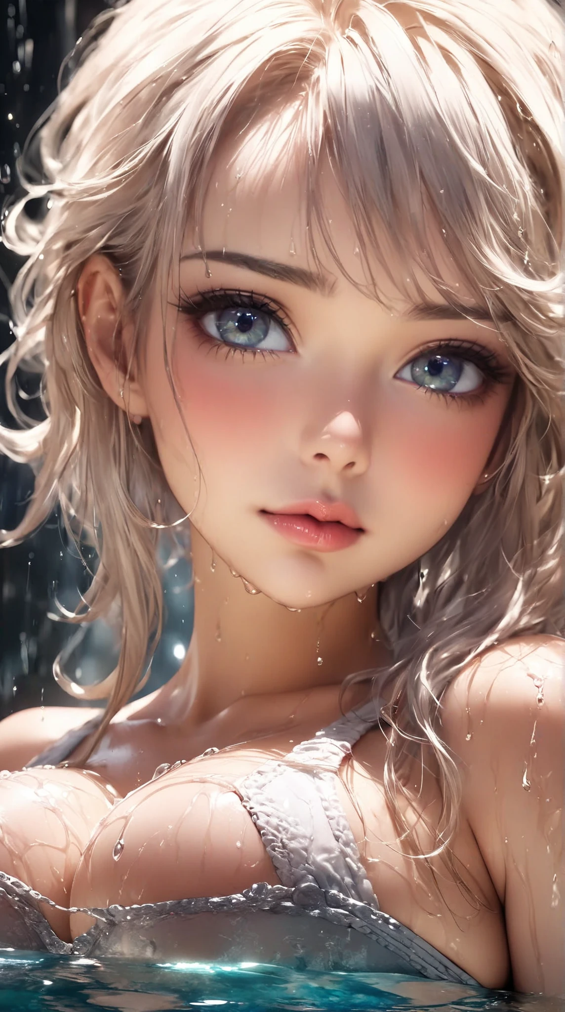 cute girl, a happy moment soaking in an open-air hot spring, happily expression, extremely detailed (hair, face, eyes, longeyelash, lips), cleavage