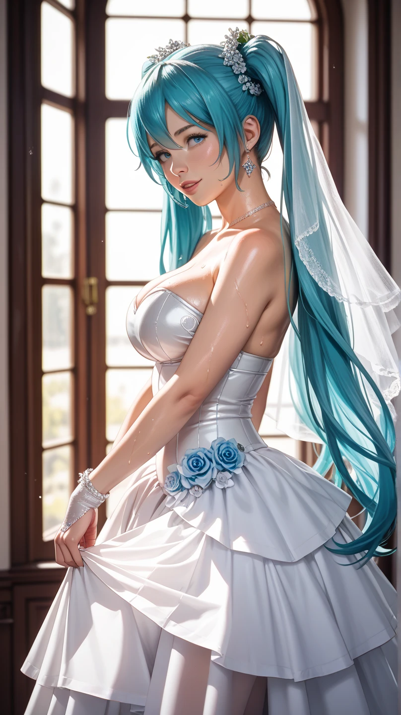 Hot hatsune miku, very cute, very embarrassed, wedding dress