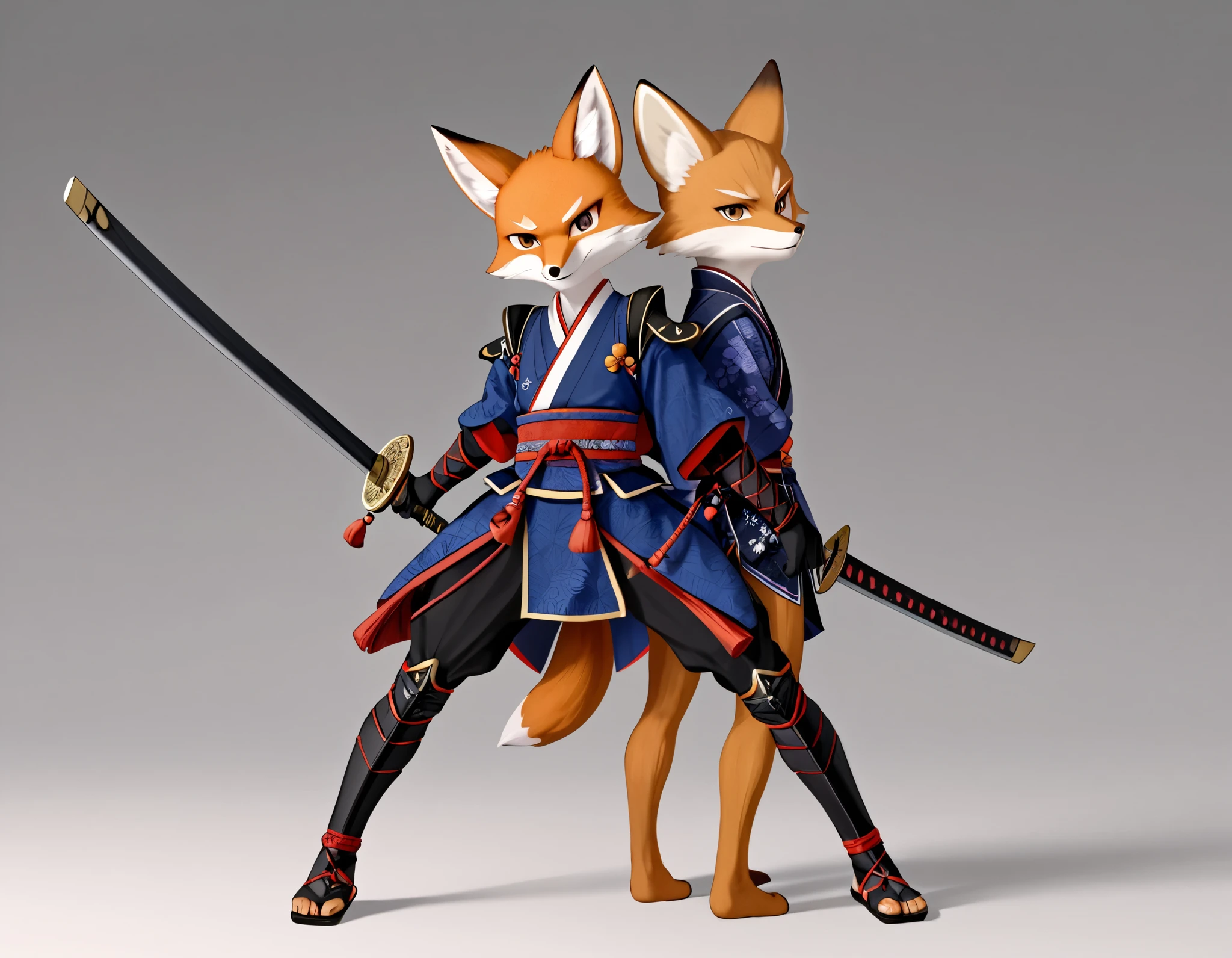 (((Best quality, 8k, Masterpiece: 1.3)), ((best quality)), ((masterpiece)), (detailed), perfect face, Fox boy standing on two legs, anthropomorphic, samurai, two-sword style, fox ears