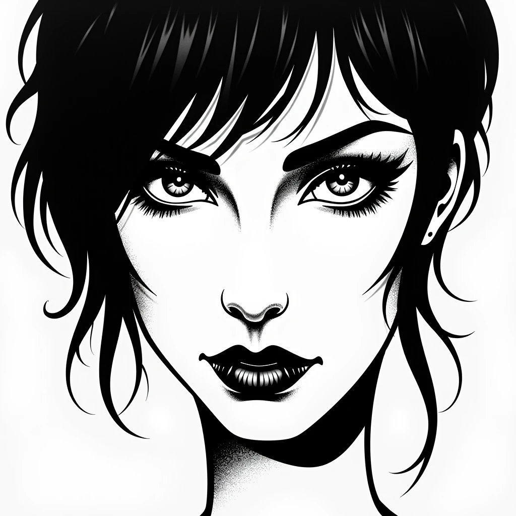 This is a black and white drawing of a debauched woman, drawn in a stylized and expressive way with ink. The art is done in a contemporary and illustrative style, with a focus on linear work. The face is shown in close-up, with the eyes and nose being the most detailed features.