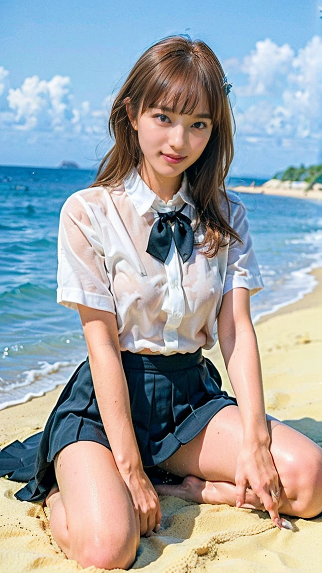 (masterpiece:1.2, Highest quality), (Realistic, photoRealistic:1.4), Beautiful illustrations, (Natural Side Lighting, Cinema Lighting), 
View your viewers, 1 girl, Japanese, Junior high school girl, 14 years old, Perfect Face, cute and symmetrical face, Glowing Skin, thin, 
(Mid-length hair:1.2, Half Up:1.4, Light brown hair), Asymmetrical bangs, Brown eyes, Long eyelashes, (Mid-chest:0.7), 
Beautiful Hair, Beautiful Face, Beautiful details, Beautiful clavicle, Beautiful body, Beautiful fingers, (((Panties are visible))) ((Very large saggy tits)), ((In underwear、White lace underwear))((Fullback panties))Underarm , Slightly , Very large breasts, Full body angle, 14 year old woman , Thick thighs
((Detailed cloth texture, Blue pleated mini skirt, Blue bow tie)), 
(Beautiful views), evening, (River side), Are standing, (cute, cute smile, Upward glance),