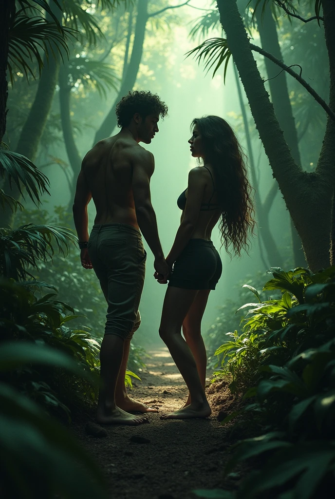 Create an image of a fully adult woman, being rapeadult forest surrounded by exotic plants and tall trees, mysterious, old, with great detail, tropical landscape.