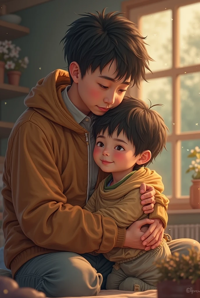 A little boy wearing a hoodie is seen giving a plastic bag to an old grandmother on the side of the road, with the effect of falling rain water soaking him with an urban feel with the lights on. in the form of long distance shots.