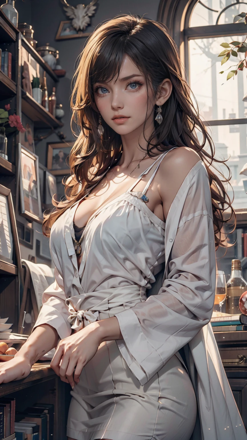 Florence Nightingale, (Ballet Costumes), Sitting in a chair, Smiling for the camera, White formal shirt, Loose collar button, Swollen nipples, Long, loose hair, (Delicate illustrations: 1.4), (Renaissance art: 1.4), (Ultra-high resolution: 1.2), (Photorealism: 1.4), (8k, RAW Photos: 1.2), (Soft Focus: 1.4), ( 18-year-old: 1.3), (Sharp focus: 1.4), Beautiful face with attention to detail, Pure rose face_v1