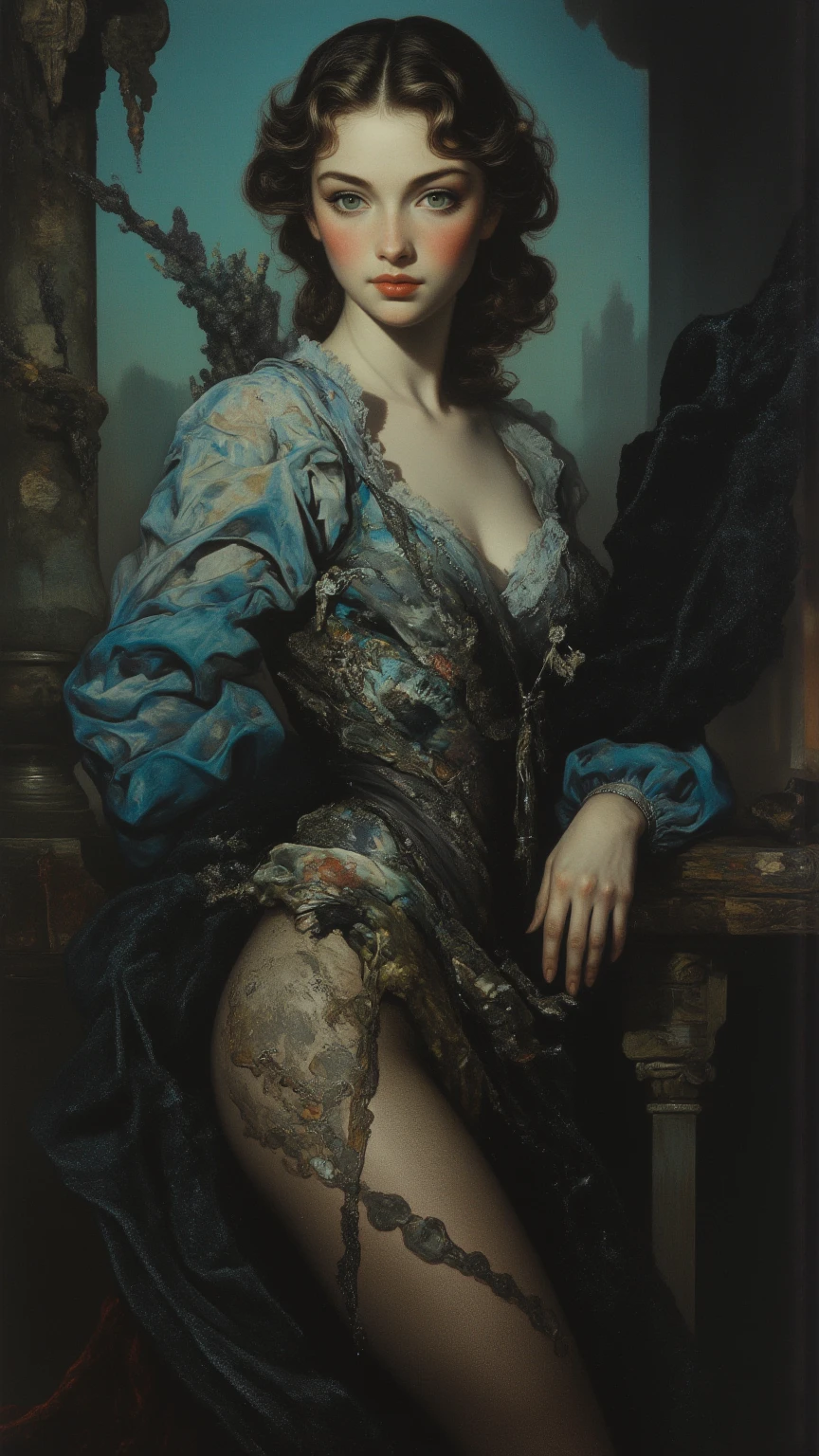 1girl, (deep cleavage), Portrait of a village boy, (masterpiece), 19th century, (oil painting), ultra-high resolution, full-length body, an unsurpassed masterpiece, a perfect work of art, realistic painting, oil paint, the best quality, High background detail, painterly drawing, Low contrast, extremely detailed face, Essence, Softness of light, art by John Singer Sargent and Gustave Courbet and Ilya Repin