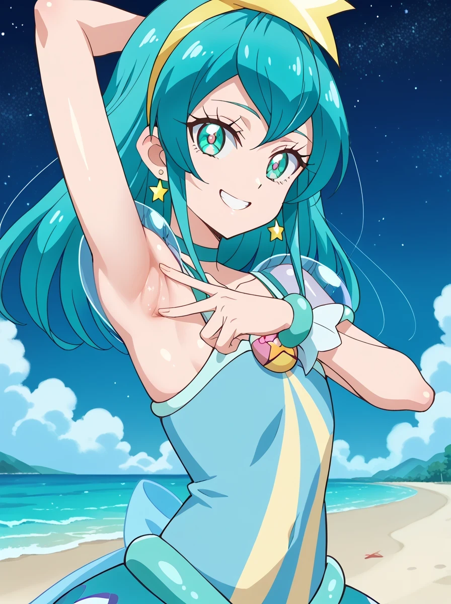 curemilky, anime screencap, shiny skin, high quality, solo, night sky, beach, spread armpit, armpits, armpit focus, (contrapposto), closed mouth, cowboy shot, looking at viewer, smile, best quality, grin