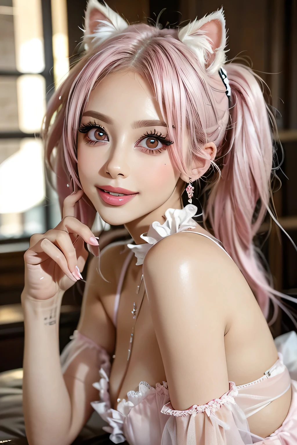 pink hair, pink eyes, and white ears((pink twin tail hair))Hanging eye((pink very very big eyes))pink glossy lips (fancy ruffle fantasy dress)beautiful smooth white silk skin(Princess Lolita)Beautiful, well-groomed face and accurate fingers(adult older woman1Human shot) very lean body、 look at viewer、DYNAMIC POSE、smiles(White cat ears)