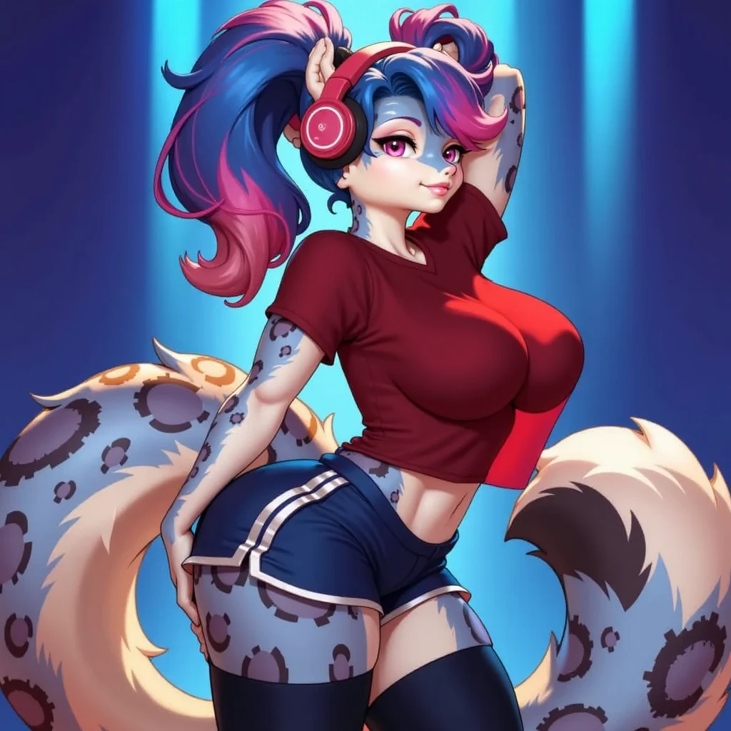 Pepper,furry,,animal ears,purple hair,tail on upper buttocks, short hair,blue eyes,animal nose,makeup,body fur, pink fingernails,
PepGear,fingerless gloves,shoes,choker,short sleeves,shirt,headphones,short shorts,cleavage,collarbone,striped thighhighs,
standing, smile, solo, black-framed eyewear,
upper body,
nightclub,
(insanely detailed, beautiful detailed face, masterpiece, best quality), <lora:Pepper:0.8>
