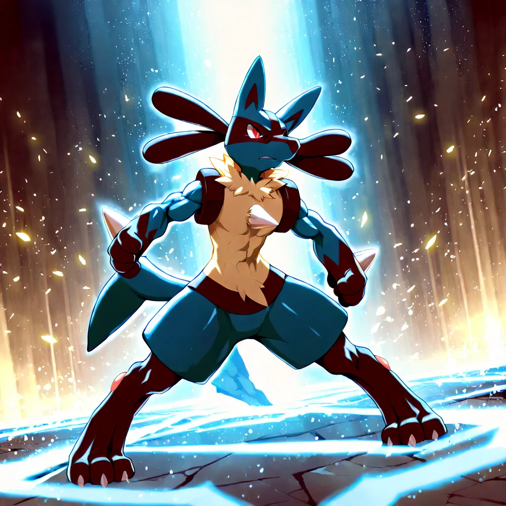 Lucario from pokemon anime, pokemon,furry art,anthro,wolf ears,brown colours eyes,fighter, masterpiece