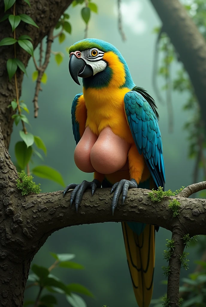 Solo, Furry, Anthro, Parrot, Female, E621, Naked, Standing, Defined Curves, Big Ass, Big Breasts, Big Curves, Hands behind back, Front view, Plain background, By darkgem