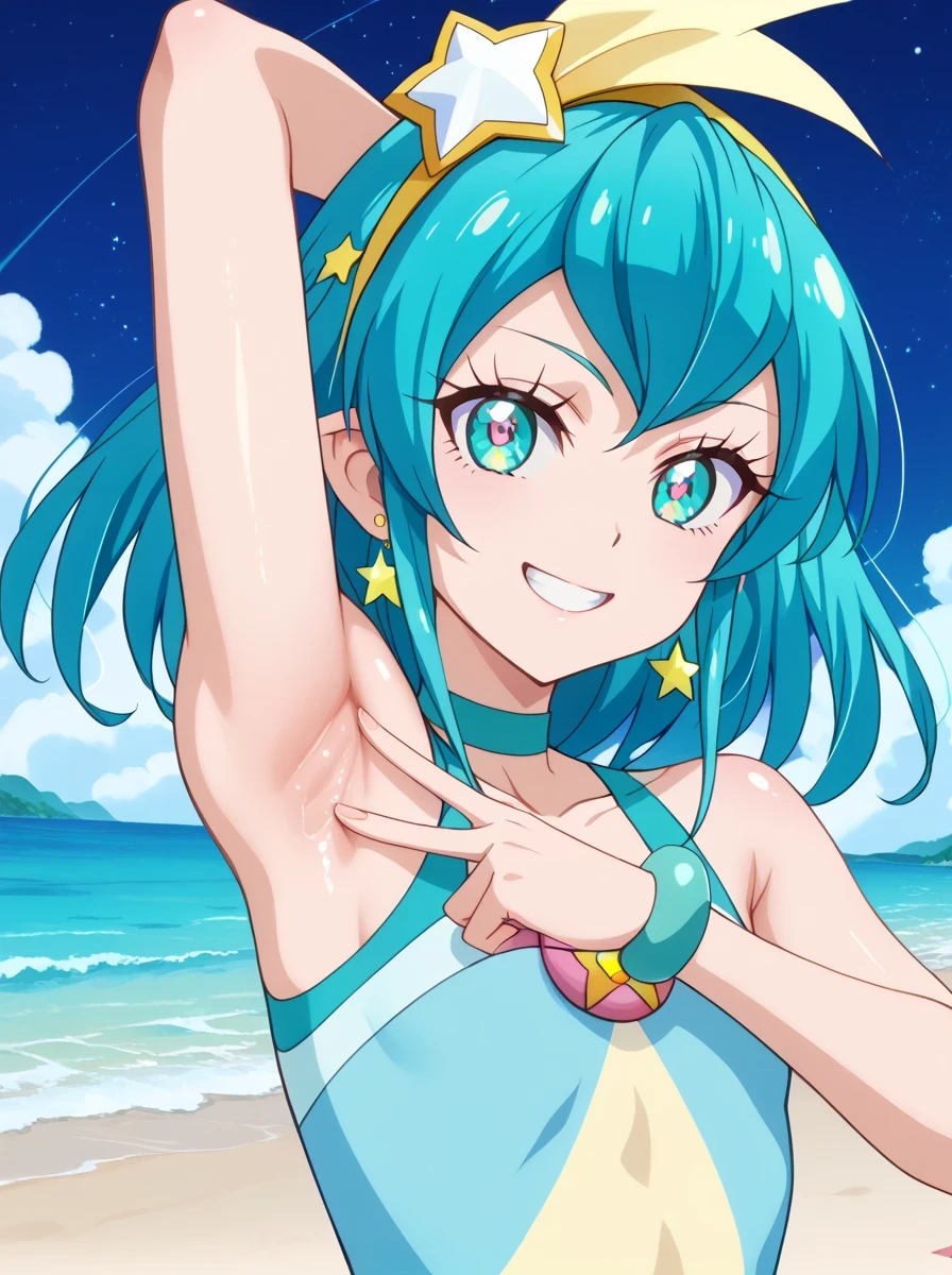 curemilky, anime screencap, shiny skin, high quality, solo, night sky, beach, spread armpit, armpits, armpit focus, (contrapposto), closed mouth, cowboy shot, looking at viewer, smile, best quality, grin