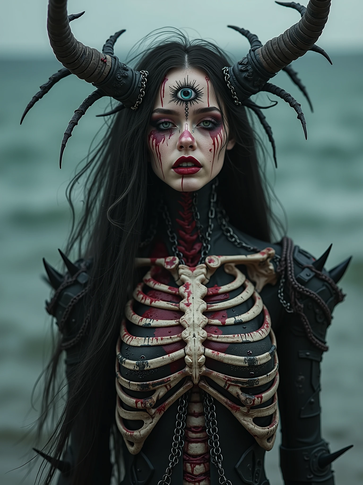 Beautiful dark haired decaying necromancer goddess,tears made from black goo running down her face,decayed and rotten boddy,half skull half face,metal chains booked to her face,spiked dark metal wings grow form her shoulders that have skulls inside them,decayed and rotten,dark ambient art,dark surrealism, dark ambient, melancholy,realistic