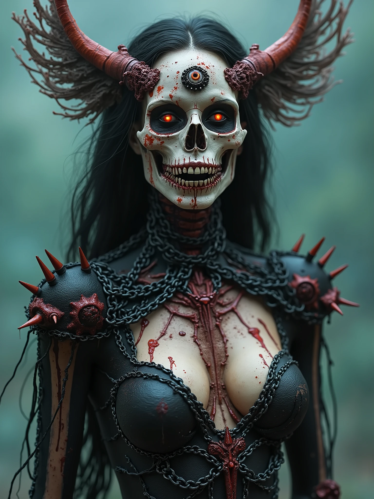 Perfect impure sexy horrific seductive terrific dead girl, skeleton face, beautiful detailed curved lips, dark skull makeup, long detailed messy hair,