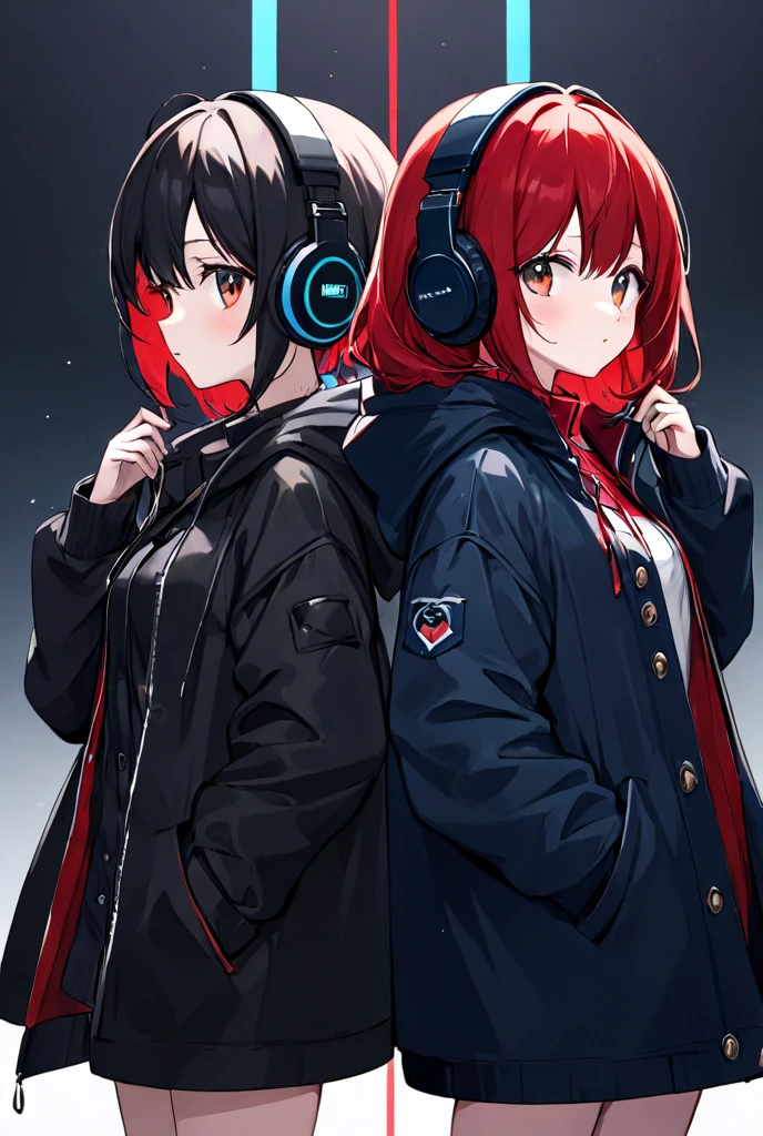 anime style、 girls on the left、Black 8+red 2 of 8:2 colored coat、I don't put a logo or anything on the coat、The coat has a hood、red and black hair【Main black】、headphones【blue and black 】、Horizontal position、There's nothing on my back、Eye color is black、The background is a dark place
