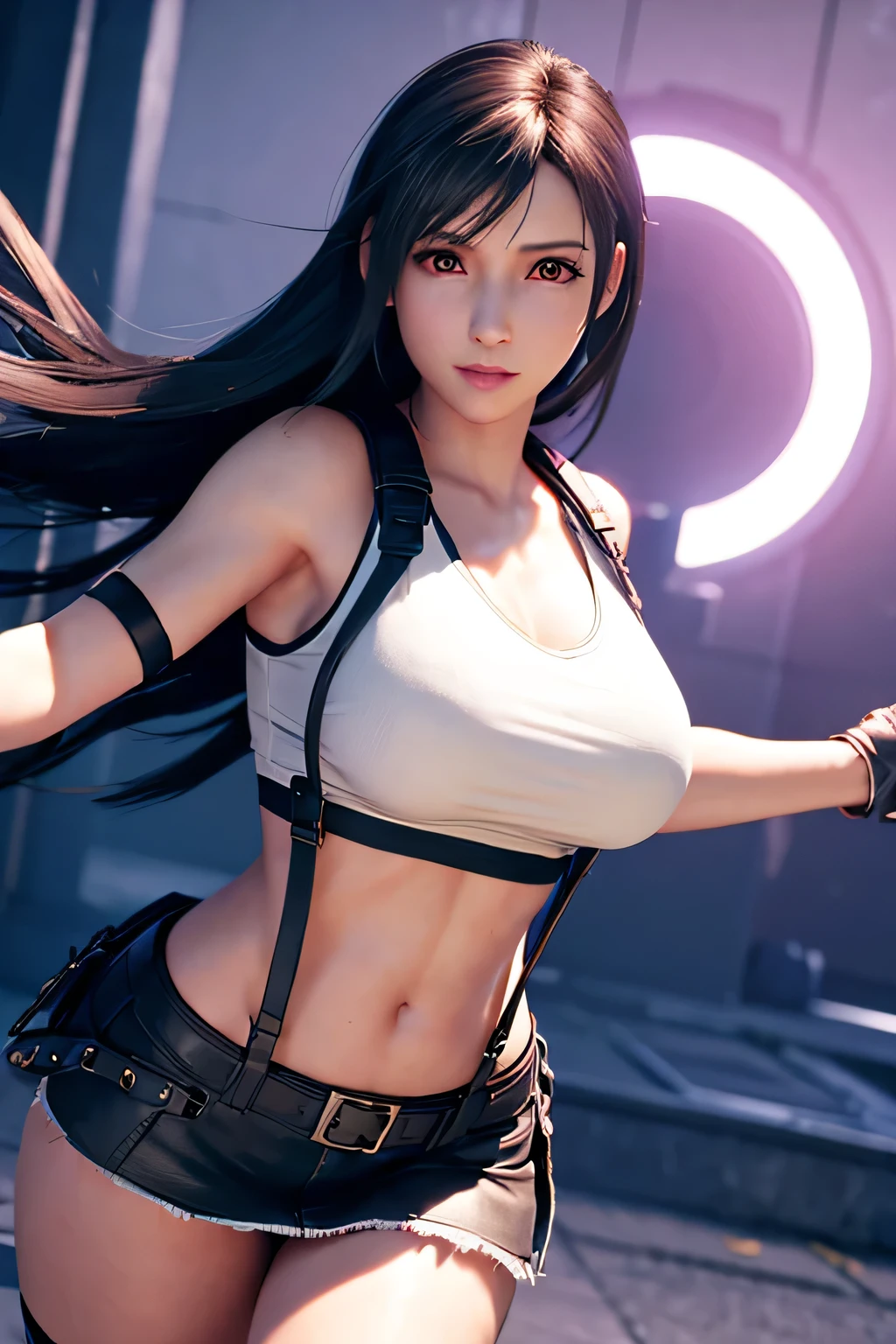 Show your armpits,(8K, 最high quality, table top:1,2), (realistic, Photoreal:1,37), 最high qualityの, table top, Beautiful woman, Play DJ music in a nightclub, wearing headphones, 美しくtoned body, tight clothes, cleavage, small tattoo on chest, Charming smile with dimples Tifa Lockhart's long black hair, Wearing a black leather miniskirt and a white halter top with suspenders, walk on the beach, full body portrait, thick thighs, toned body,chest, As in life, High resolution, High resolution, dynamic pose, delicate face, lively eyes, long hair, expressive hair, multicolored eyes, aqua eye, purple eyes, shy, blush, parted lips, heavy breathing, spark of light, god's rays, Super detailed, high quality, anatomically correct, rough skin, 最high quality,full body portrait, Gweiz art station pixiv, Flaming Nova,fire in the sky, photorealism, Ultra high definition, Rich details, sensual expression, Resolution 4098x2160, 8K white haired god,cinematic lighting, shining light, god's rays, ray tracing, reflected light, Backlight, blend, cast a shadow, 360 degree view, nffsw, table top, Accurate, anatomically correct, Super detailed, advanced details, high quality, award-winning, 最high quality, High resolution, 16K
