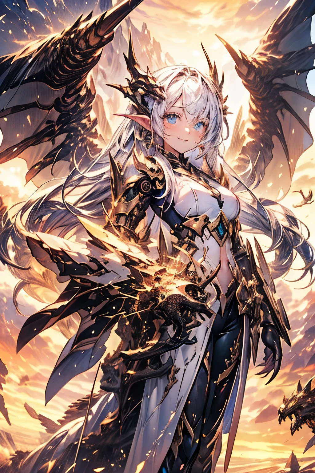 (((masterpiece、Highest quality、Hi-Res、16k))) ( 1 female)、
sky background 、flight、(futuristic:1.1)、( Armed Girl、Mecha Girl、Dragon Wings、dragon horn、 Blue Eyes、Symmetrical wings, Blue Armor、)、 anime、( 柔らかいsmile )、 Long Blue Hair、 standing picture、
Majestic Photos 、 front view、smile, anime風, light/dark method, multiple views, fluorescence, anime, lens flare, sparkle、((全身 front view))、(very well detailed:1.5)