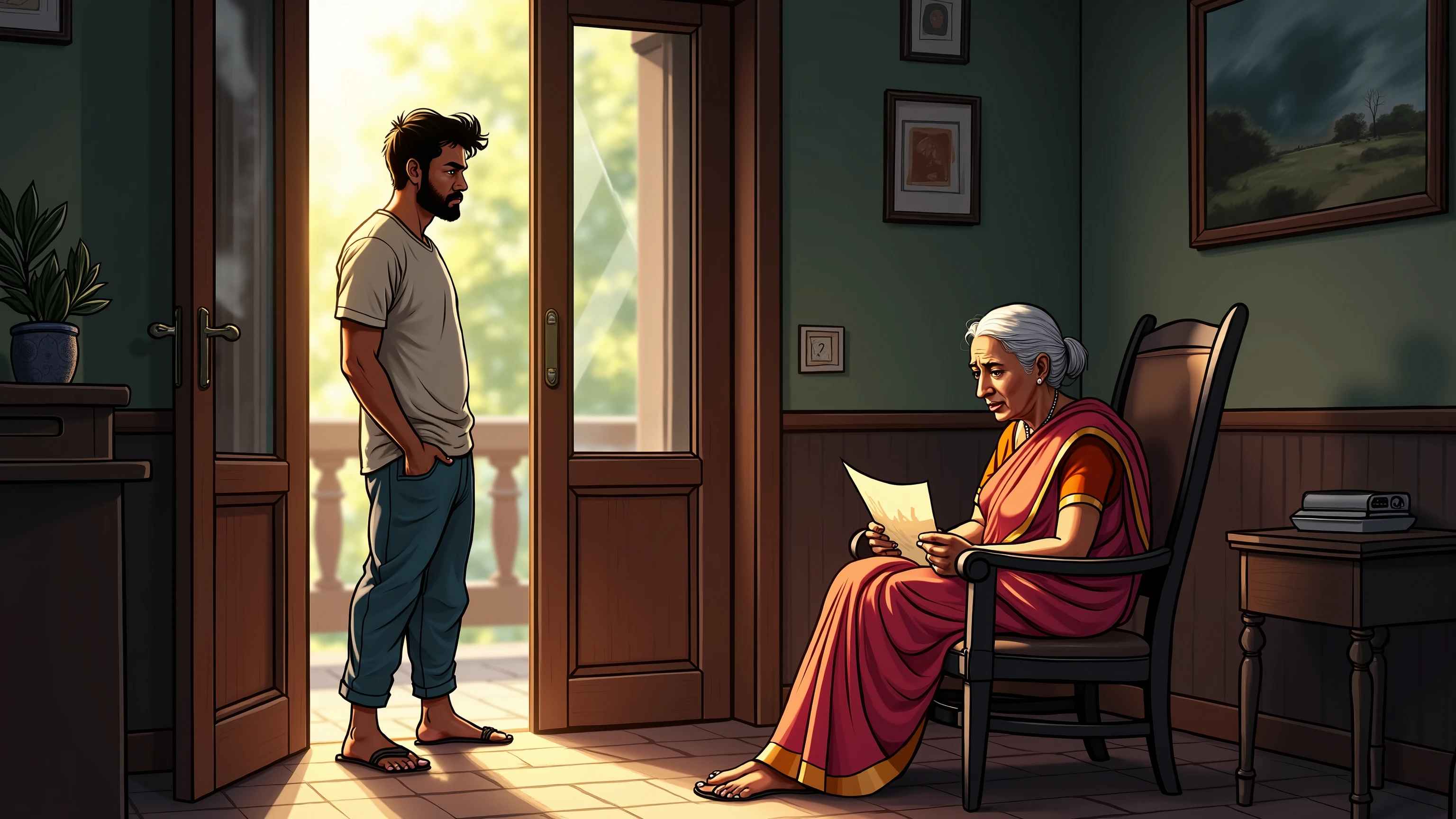 Aarav, a 30-year-old Indian man, stands frozen in the doorway of his family home, his eyes filled with sorrow as he looks toward his mother. She is an elderly Indian woman, dressed in a simple saree, sitting in his father’s empty wooden chair, gently holding a wrinkled, aged piece of paper in her trembling hands.
Her face is pale and grief-stricken, her eyes red from crying. The dim sunlight from the window casts a soft glow on her, illuminating the deep lines of sorrow on her face. The room is filled with silence and emptiness, his father's absence painfully loud in the quiet home.
The old chair beside her is slightly rocked back, as if someone had just been sitting there—but now, it will remain empty forever.
Aarav’s hands shake, his chest heavy with regret as he takes a hesitant step forward.
(Semi-realistic, hand-drawn illustration style with bright, high contrast, warm, inviting colors, soft lighting, Indian face and hair aesthetics, and a blend of anime and traditional illustration aesthetics.)