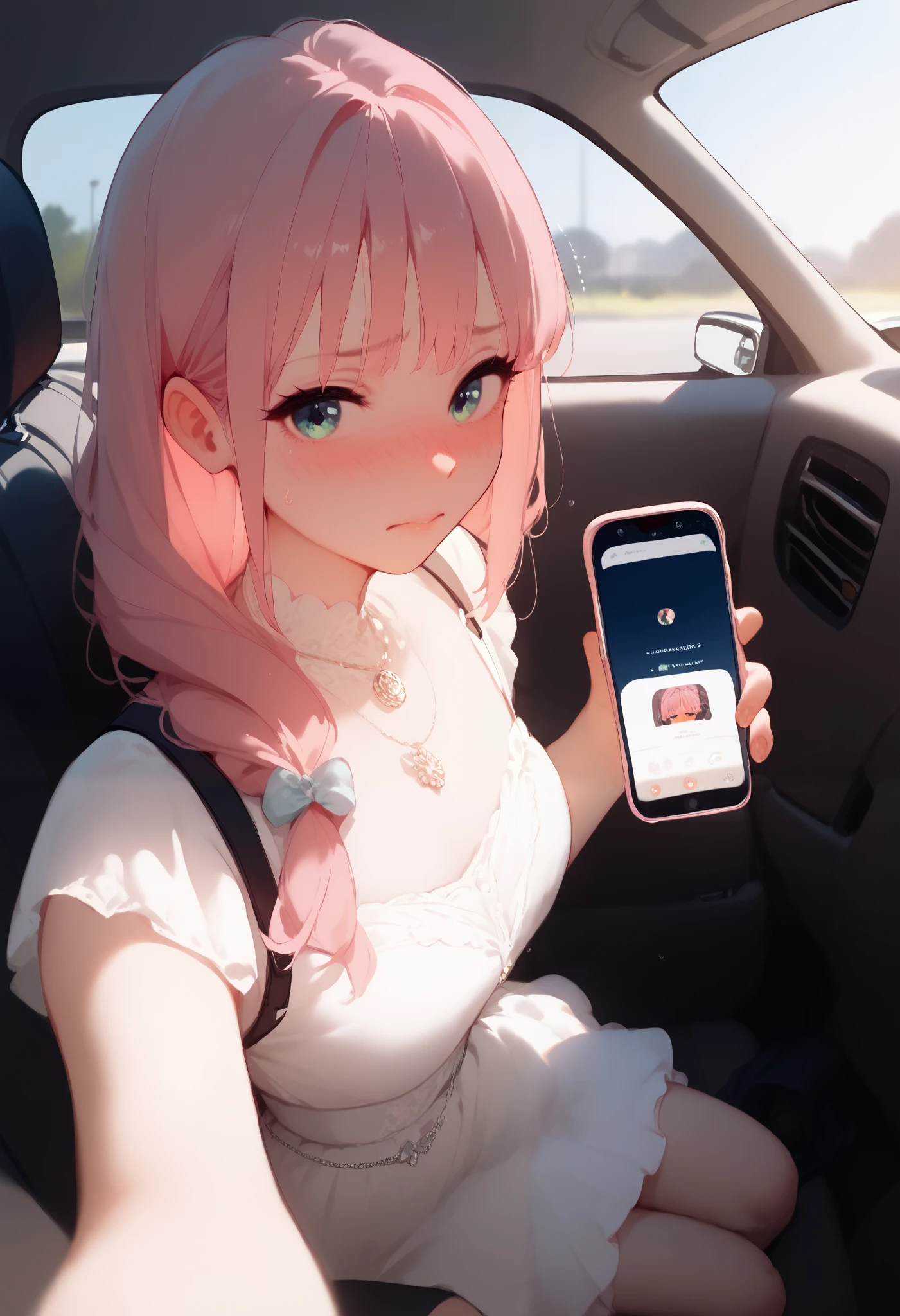 in a car, passenger seat, a girl, ager, night time, holding out a phone with picture, pastel pink hair, side bangs,white coquette dress, blush, looking at viewer, embarrassed