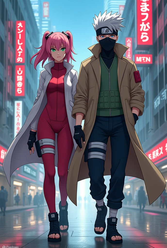 Woman with pastel pink hair, green eyes with red ninja clothes and a man with gray hair and a half mask 