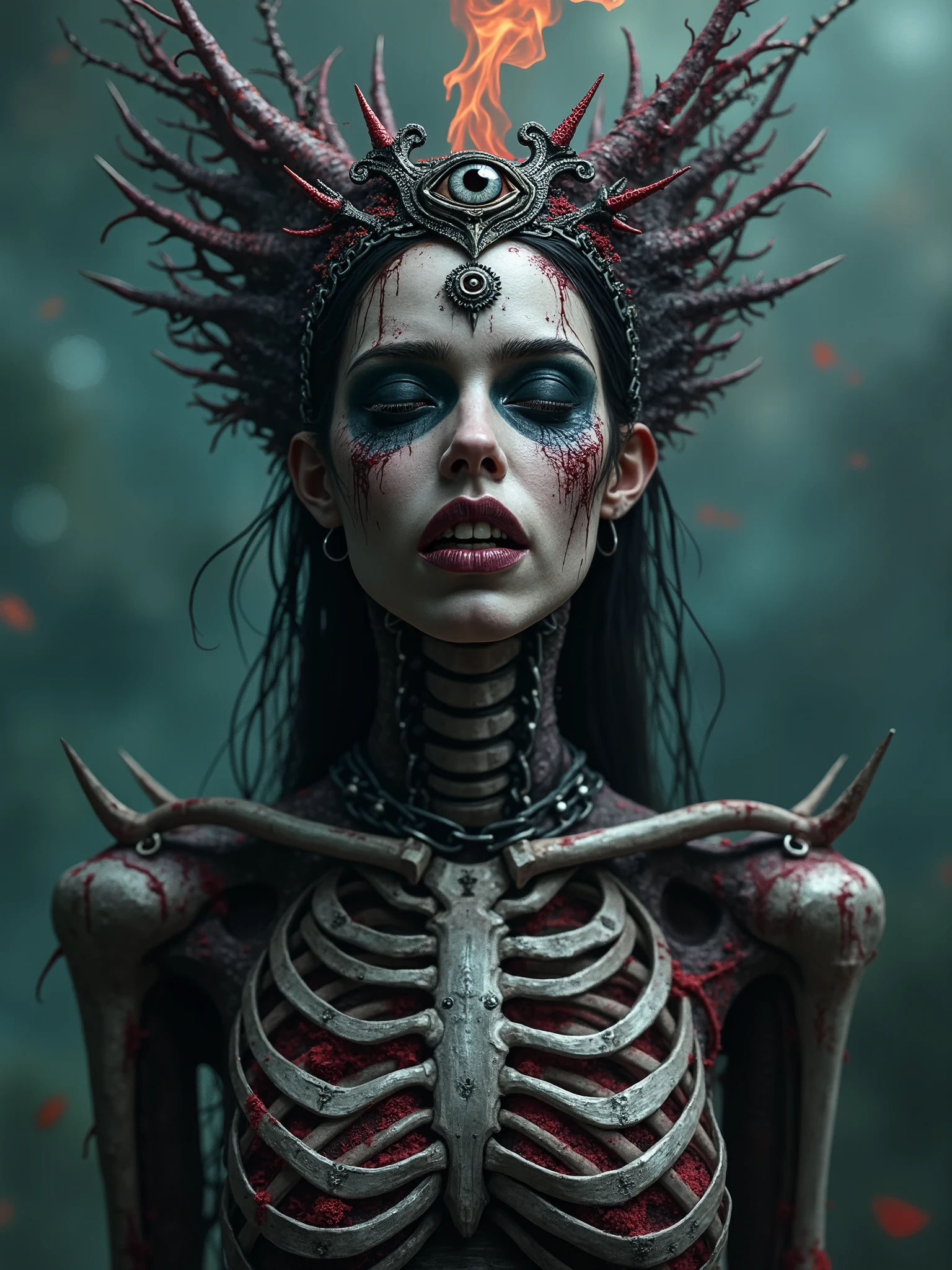 Beautiful Female necromancer,chain dress endoskeleton with bones rising from the ocean,with eye of Providence in the middle of her forehead, mental wings growing from the sides of the head,exposed bones on her face and chest,spilled with red and black goo,dark makeup,dark surrealism,dark realistic photography, dark occult art,melancholic dark art, surreal dark art,realistic look,bone and metal chains armour, with spikes on the wrists,cosmic background,flame aura power,nude dark art,death and darkness,black goo everywhere, most beautiful face, serene and heartbroken, razor sharp teeth and open mouth,dark succubus