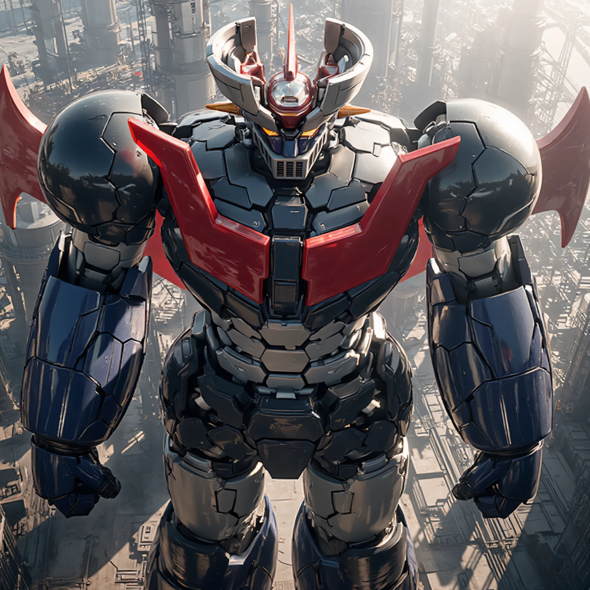 Modified Mazinger Z , stands 100 meters high ahead . steel , Carbon Fiber , Other industrial elements are also visible , Just like the real thing , I'm standing ahead at the height of a high-rise tower where high voltage current flows and emits light . The industrial environment of modern nuclear power plants , Masinger Z standing around , are illuminated by natural light 、 Full Color High Quality a huge structure emphasized by realistic shadows . LED light lighting Gundam