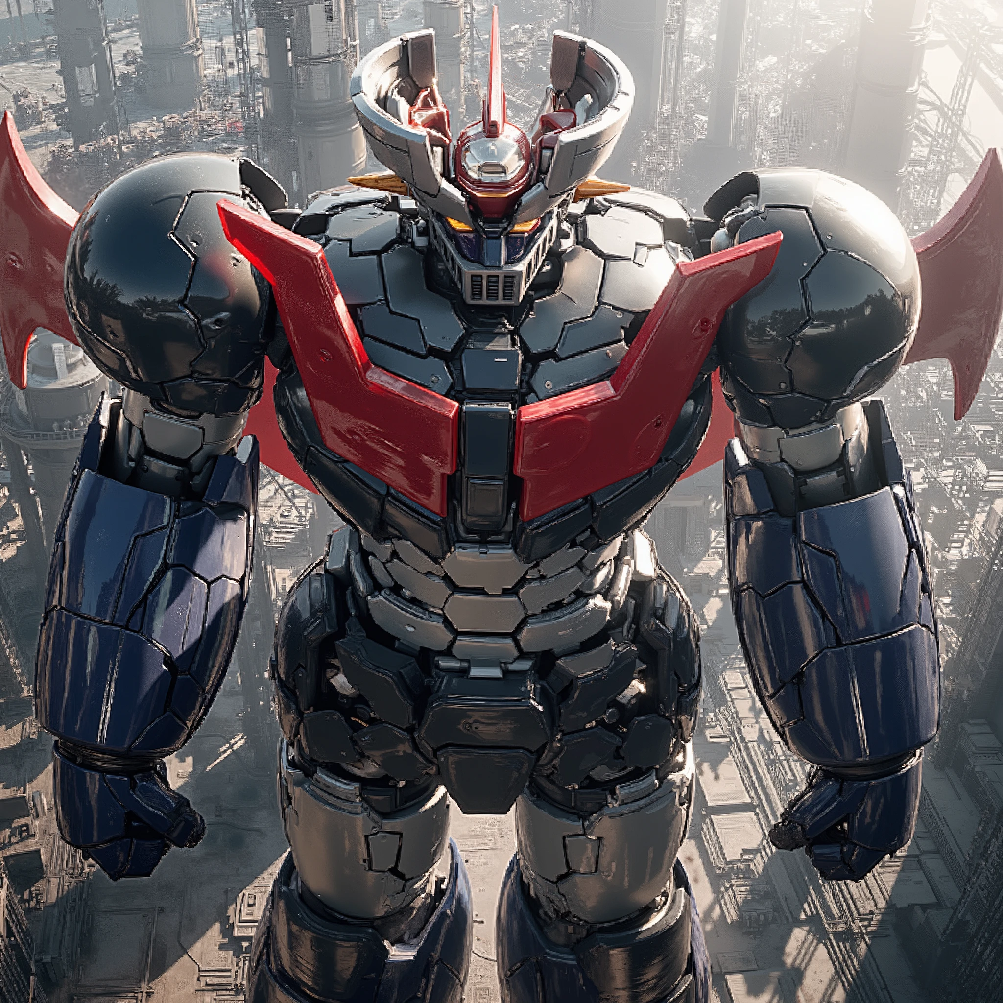 Modified Mazinger Z , stands 100 meters high ahead . steel , Carbon Fiber , Other industrial elements are also visible , Just like the real thing , I'm standing ahead at the height of a high-rise tower where high voltage current flows and emits light . The industrial environment of modern nuclear power plants , Masinger Z standing around , are illuminated by natural light 、 Full Color High Quality a huge structure emphasized by realistic shadows . LED light lighting Gundam