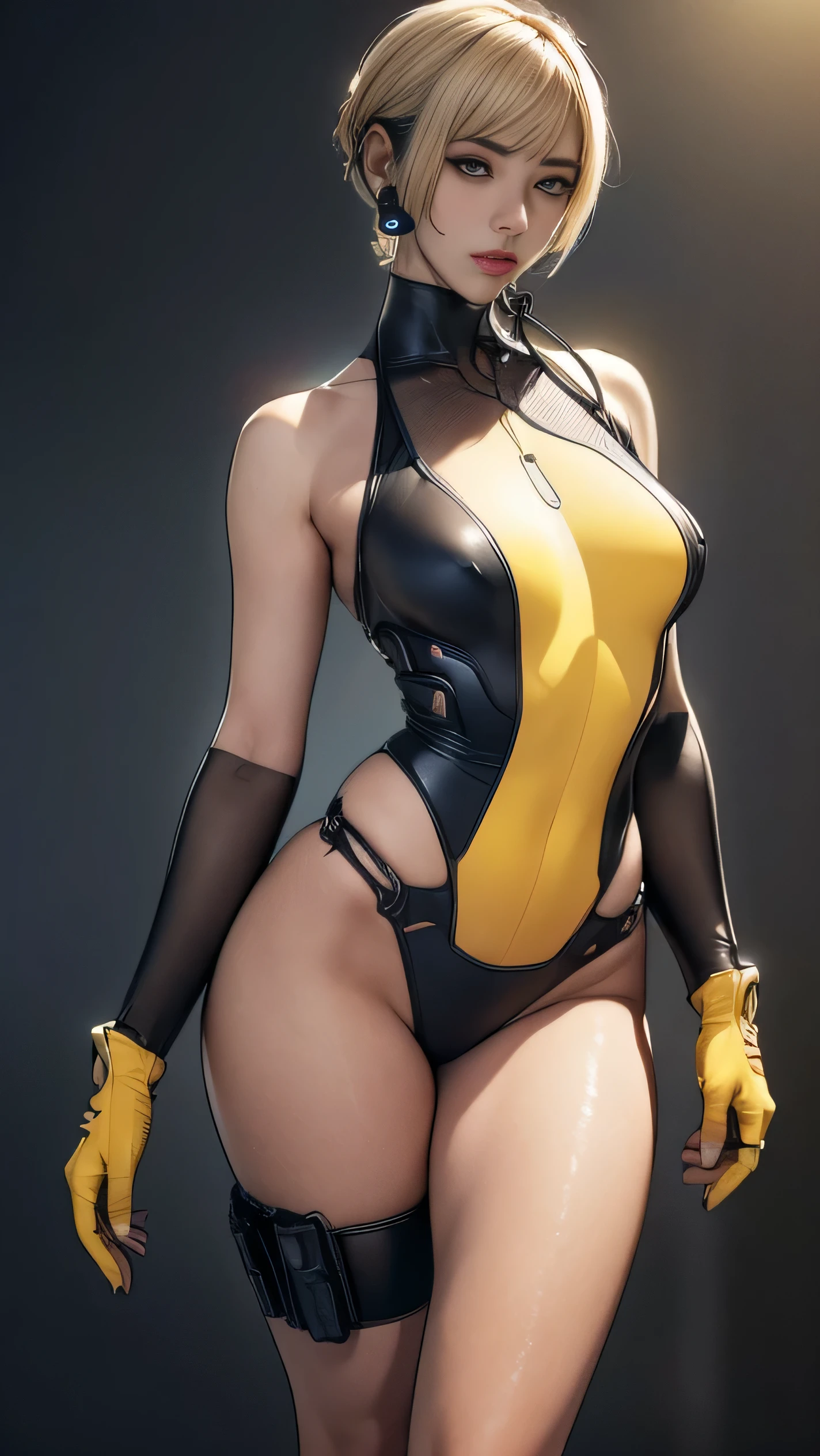 (A woman),(((A female special forces member stands))),((Yellow tactical High leg bodysuit:1.5)),((earphone:1.5)),((Tactical Holster:1.5)),(Gloves:1.5),(Serious:1.5),(Super short hair:1.5),(bionde:1.5),(beautiful eyes:1.3),(Very detailedな顔:1.5),((Very detailed drawing of a female hand:1.5)),((muscular:1.5)),(Sexy appearance:1.5),((Thick thighs:1.5)),(Beautiful Body:1.5),((Very sensual:1.5)),(The backdrop is a futuristic city:1.5),(Cyberpunk atmosphere:1.5),(((Blurred Background:1.5))),(Written border depth:1.5),rest(((masterpiece:1.5),(best quality:1.5),(Very detailed:1.5),(high resolution:1.5),(Practical:1.5),(Practical:1.5),(Delicate depiction),(Carefully drawn))),8k,wallpaper