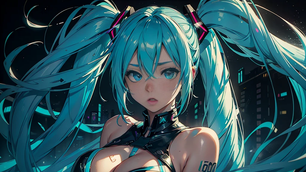Vocaloid,
Hatsune Miku,
Cyberpunk costumes,
muscle training,
detailed facial expressions,
detailed description of facial expressions, detailed description of eyes,
detailed description of the outfit,
detailed description from the waist up,
Super high level big tits,