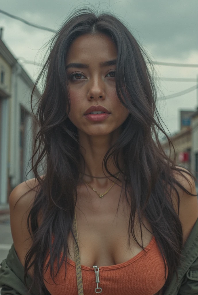 Beautifull,1 chica, joyas, senos, ((bailando1.4)), bailando en la calle, tacones altos, piel oscura, pulsera, ombligo, pendientes, enfocarse solo, sock, mujer de piel oscura, diafragma, borroso background, pelo largo, collar, borroso, escote, pelo negro, Falda, realista, ombligo piercing