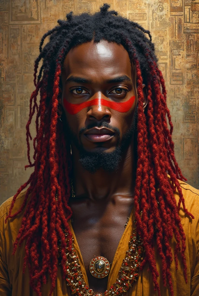 homem negro forte, with eyes without whites. red and black braids, side of shaved head, with some red lines on the face, chest showing, brave face