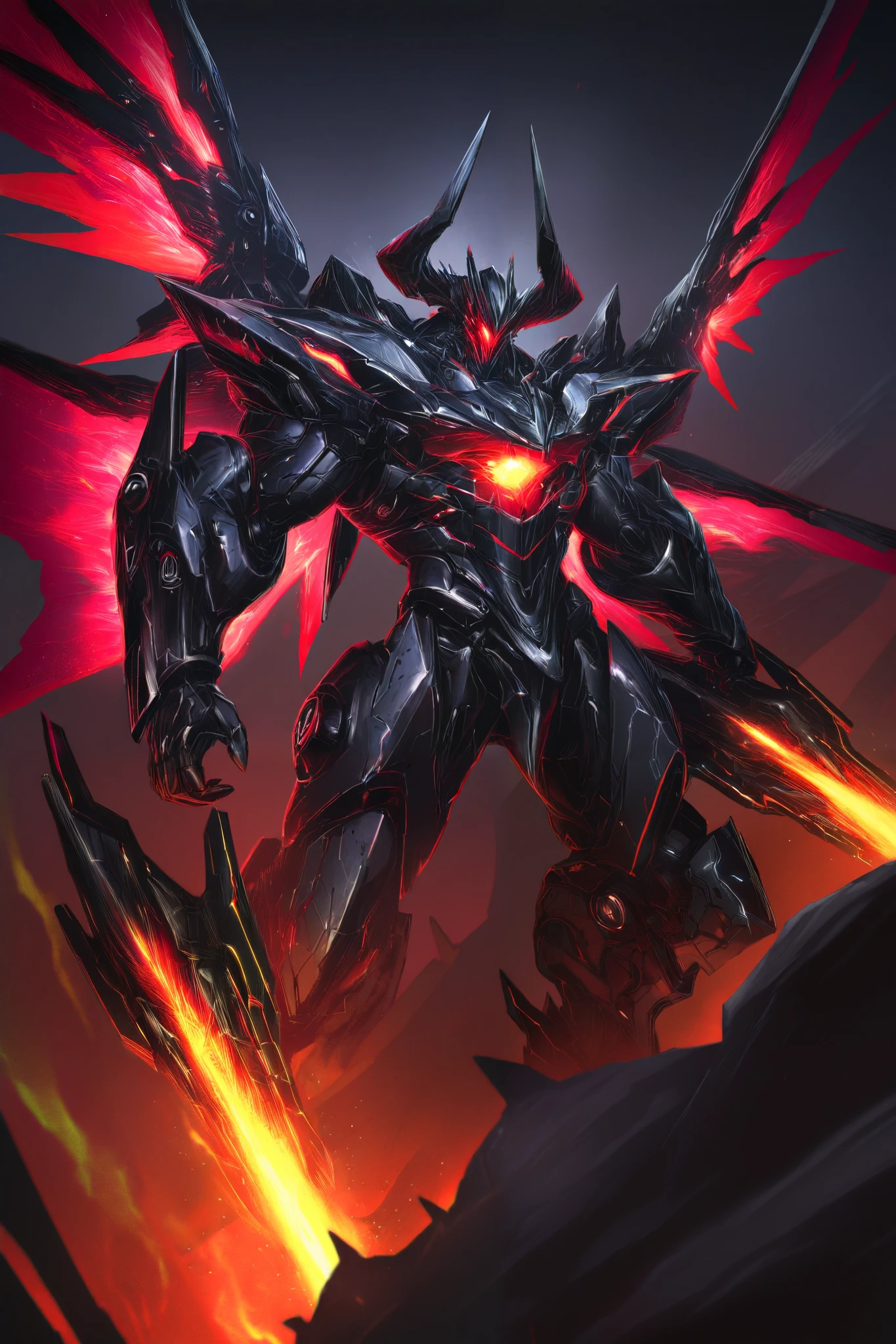 Create a highly detailed and visually striking image of advanced futuristic demon-themed nanotech armor. The armor should blend elements of dark fantasy with cutting-edge technology, incorporating sleek metallic surfaces, glowing energy core on chest that powers the whole armor, and intricate designs that evoke a sense of power and menace. Include features such as sharp, elongated horns, mechanical demon wings, and highly advanced mechanical enhancements that suggest both strength and agility. The color palette should be a mix of deep blacks, iridescent purples, and fiery reds, with a dramatic lighting that highlights the armor's contours and embellishments. The background should be a dystopian landscape, enhancing the overall theme of a powerful demon warrior ready for battle.