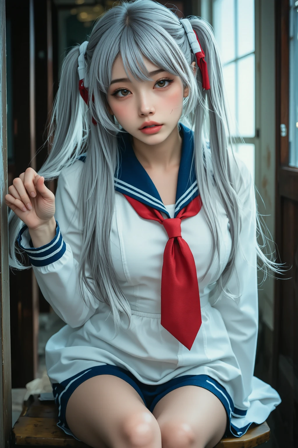 Anime girl with white hair and bunny ears, red eyes, shy blush, school uniform