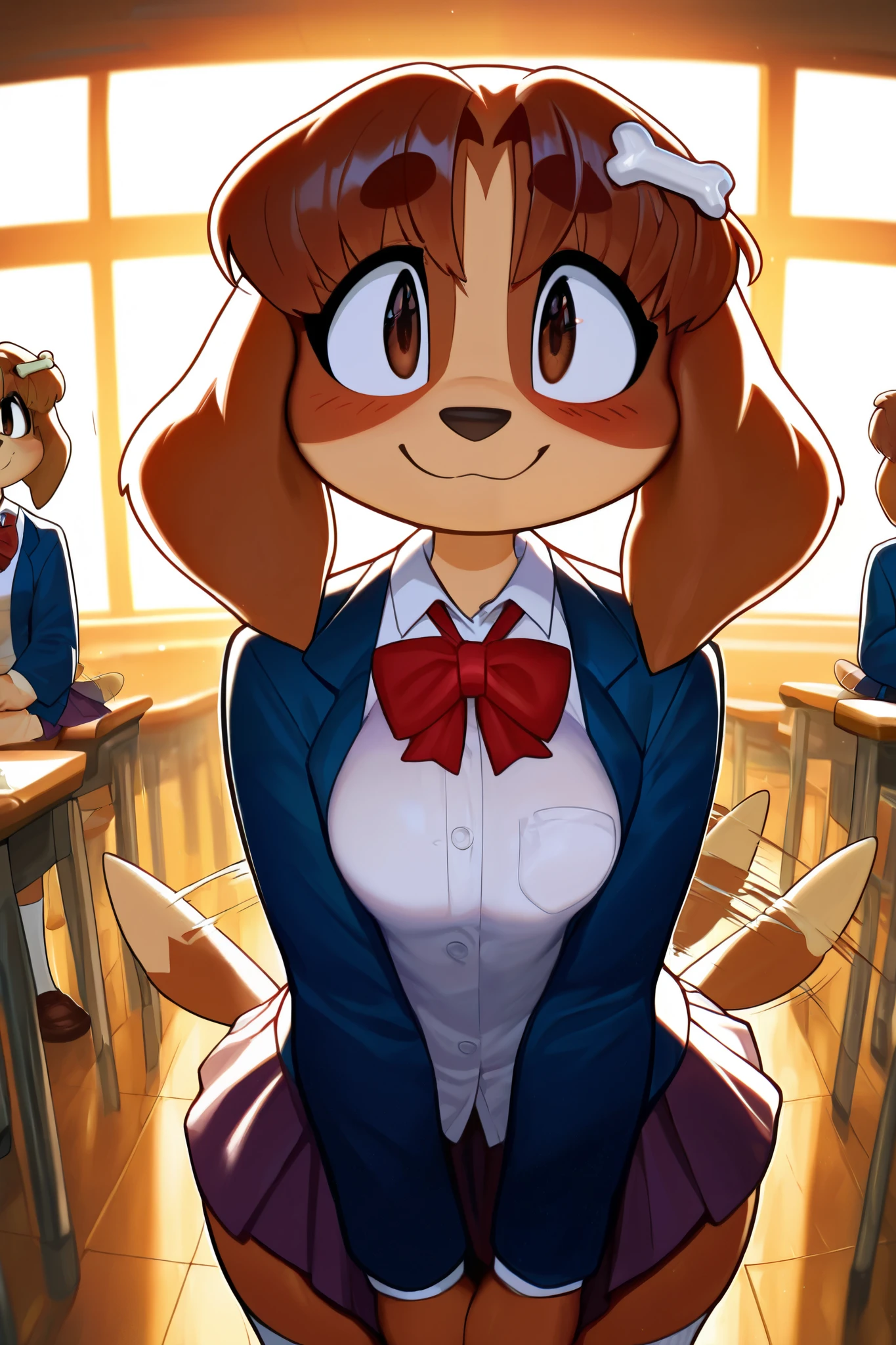 1girl, mugi, brown eyes, brown fur, bone hair ornament, tail wagging, furry female, cute eyes, cute smile, closed mouth, medium breasts, (18-year-old girl), school uniform, white socks, blue jacket, white shirt, red bowtie, brown footwear, miniskirt, collared shirt, long sleeves, close-up, upper body, female focus, contrast lighting, side lighting, masterpiece, best quality, newest, absurdres, highres, amazing quality, very aesthetic, classroom setting, standing, score_9, score_8_up, score_7_up, score_6_up, score_5_up, score_4_up
