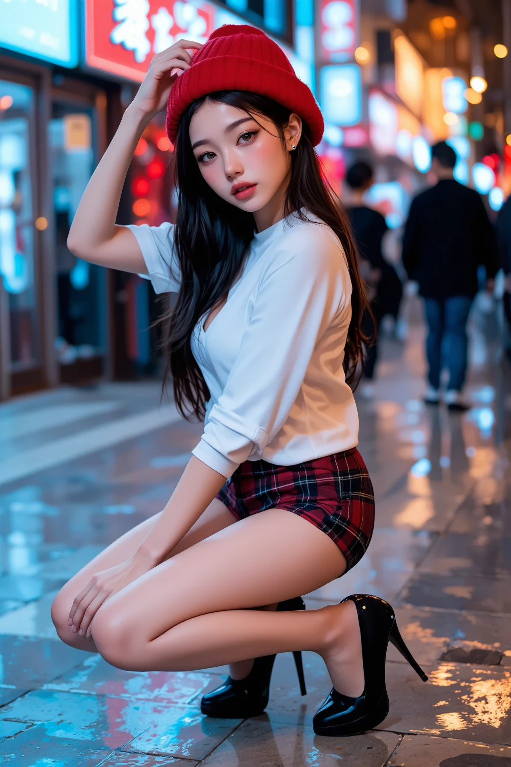 One Girl、(Japanese girl sitting on bench showing pussy)、(Bokeh Depth of Field:1.1)、Lips parted、Expressionless、Realistic、tights、Skirt、Skyline、Realistic、アップSkirt、Skirtリフト、Highest quality、masterpiece:1.3、Ultra-high resolution、View from below:1.4、No panties, close-up:1.3、Embarrassed look、The background is a night view、((Spread your legs out to the side:1.4))