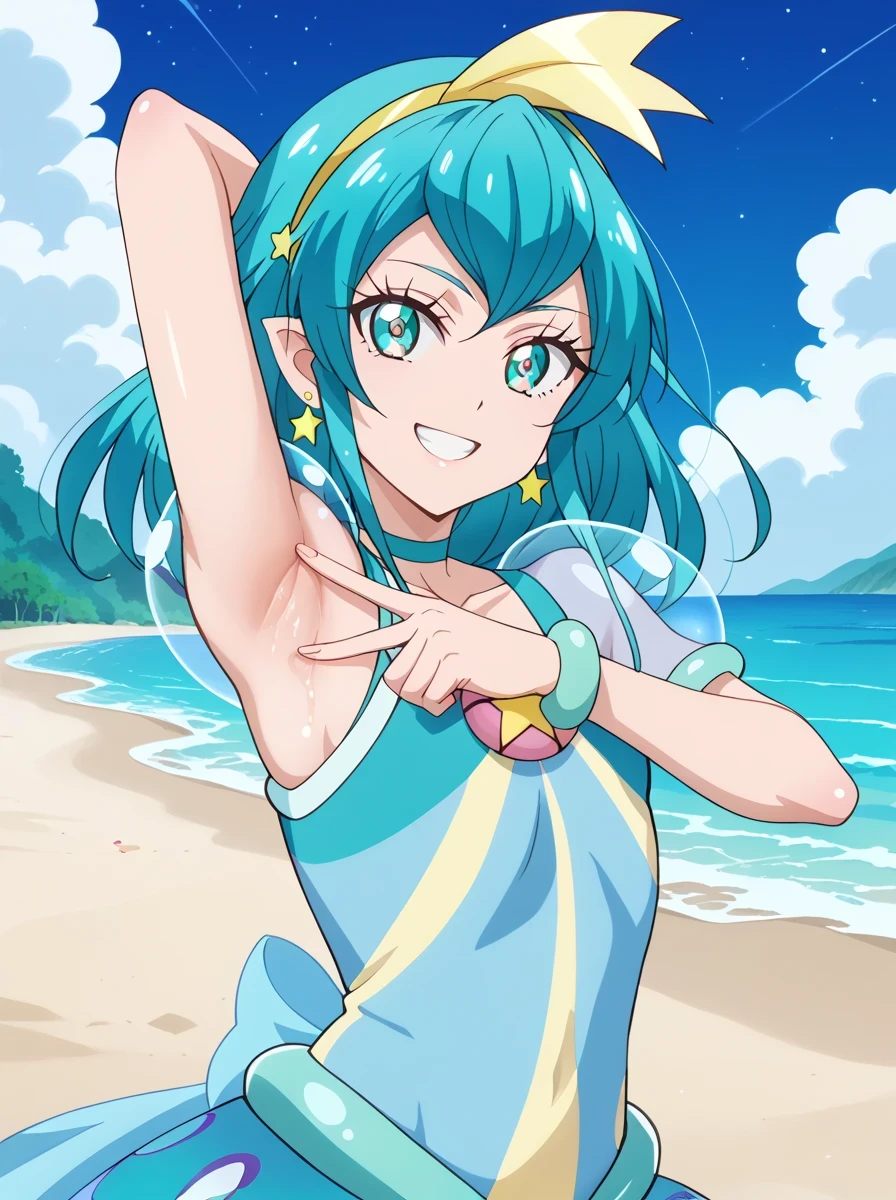curemilky, anime screencap, shiny skin, high quality, solo, night sky, beach, spread armpit, armpit, armpit focus, (contrapposto), closed mouth, cowboy shot, looking at viewer, smile, best quality, grin