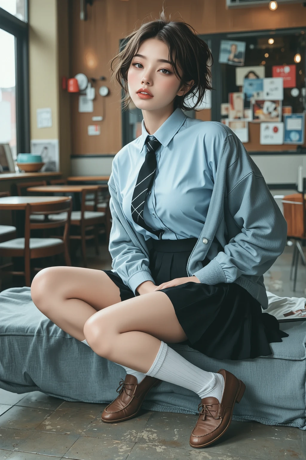 Top Quality, Photorealistic, 8K, High Definition, 1 Girl, Female, (1.8), School, Schoolgirl, Blazer, Uniform, Pubic hair visible, No panties, Skirt boldly pulled up, ((Sit in chair and legs wide open)), Bend your knees and open your legs, Slightly shorter hairstyle, Grab your knees with your hands to open your legs, Buttoned shirt flutters