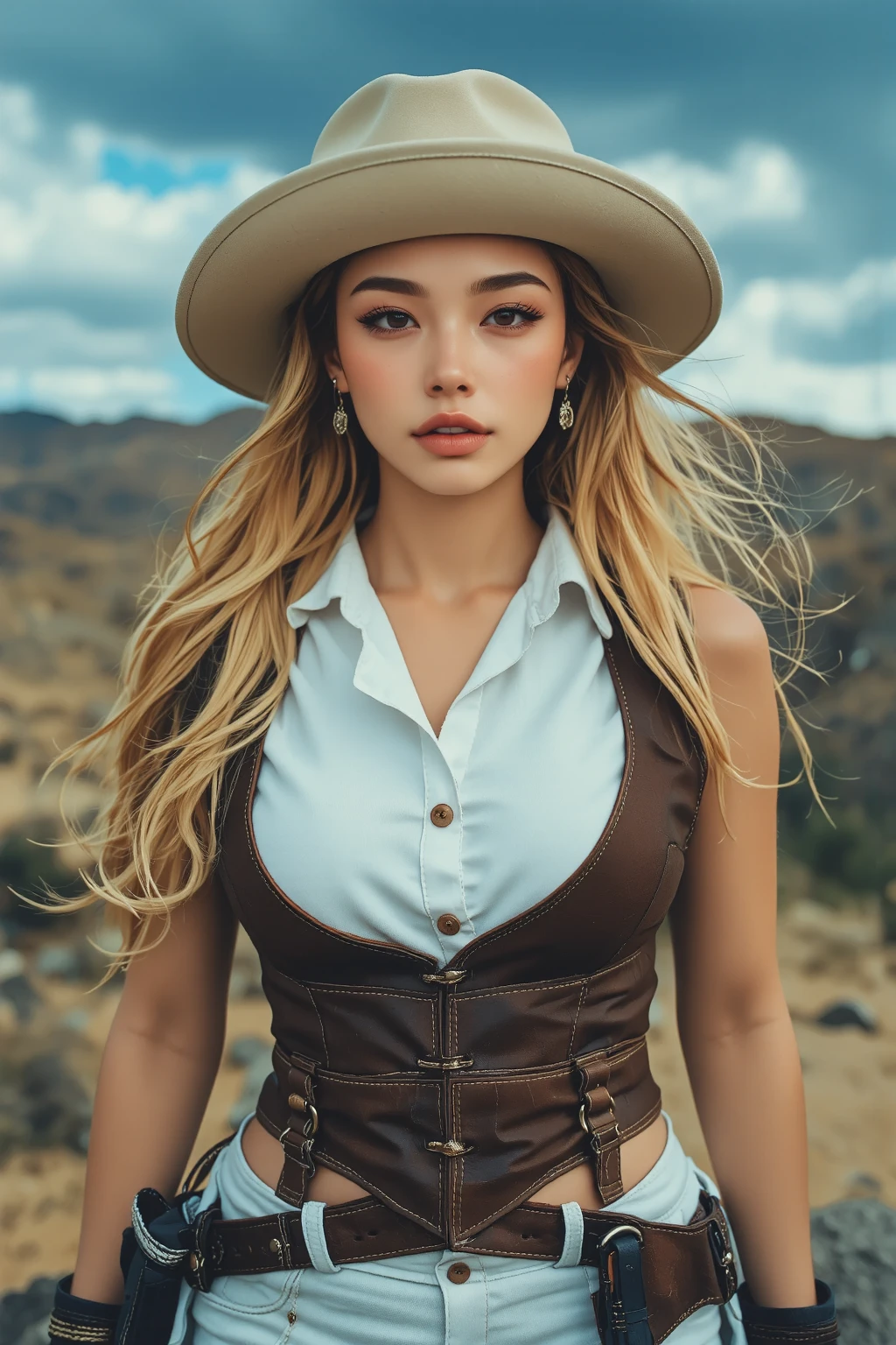 A beautiful girl chooses an elegant latex suit, with cowboy boots. A faux fur stole adds a touch of glamour. Ambient: outside on a wheat field in a countryside farm, ranch. She has a blonde silky hair, big brown eyes, beautiful face, bright facial skin, impression-less, very beautiful Instagram model, realistic image. Dynamic composition, motion, ultra - detailed, incredibly detailed, a lot of details, amazing fine details and brush strokes, smooth. big bosom, wide hips, big thighs. full body in image, cowboy hat