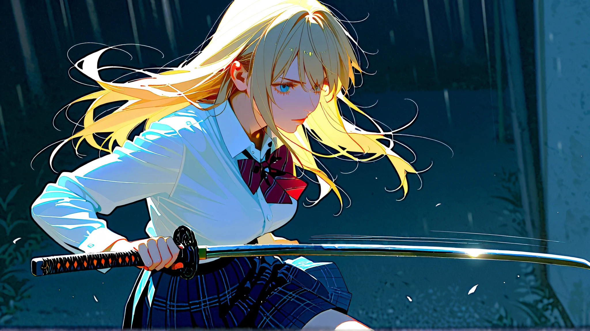 score_9, score_8_up, score_7_up, score_6_up, score_5_up, (masterpiece, best quality), ultra detailed, photorealistic, masterpiece, best quality, high resolution, 1girl, medium breast, clothed school uniform, blond long hair, art of drawing one's japanese sword, motion lines, motion blur:1.3 in the park,