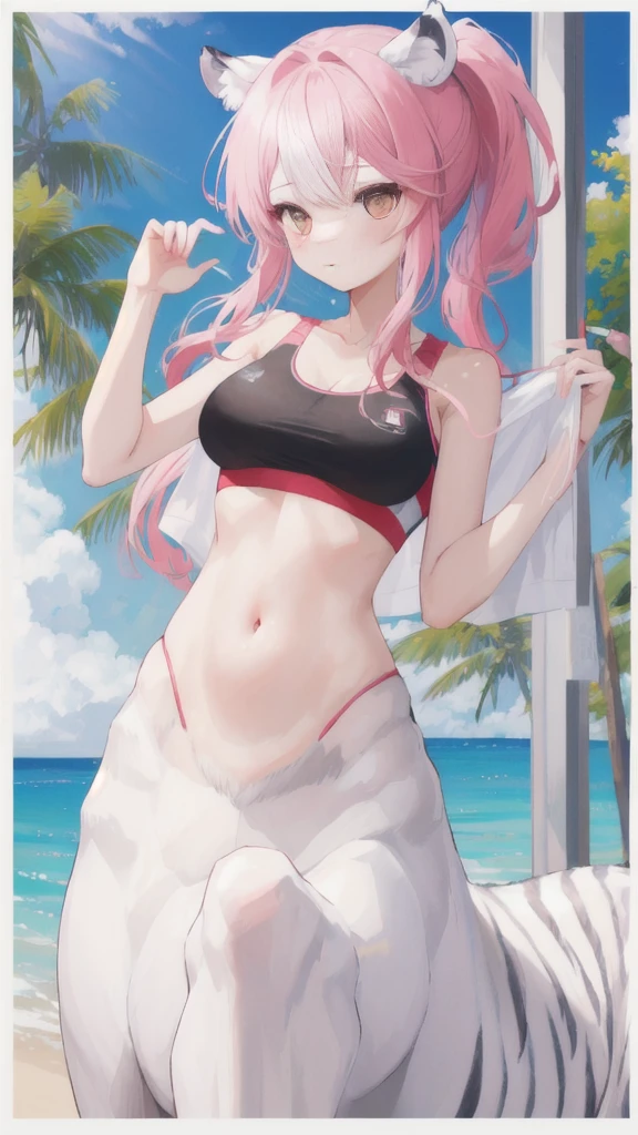 masterpiece, best quality, 1 solo girl, white hair, red eyes, long hair, medium breasts, mature body and face, wavy hair, white bikini, scarf, beach, white sand, beach ball, summer, leg up, cowboy shots, detailed body, face, and eyes, sharp focus, vibrant, creative, dynamic, high definition, high resolution, 8k, (Upscale: R-ESRGAN 4x+ Anime6mage enchance:4x), voluptuous body, lying at the sand
