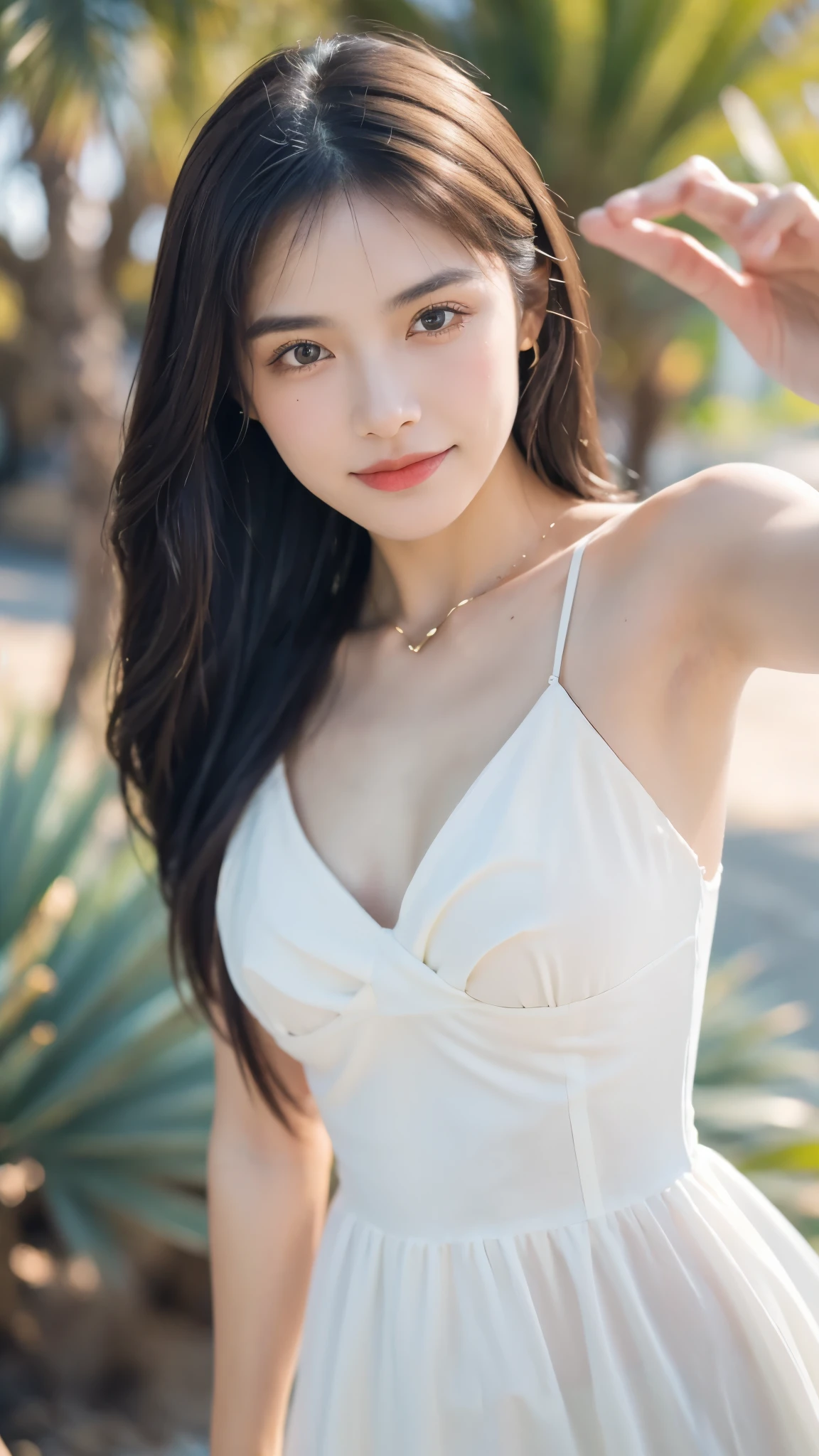 APS, fashi-girl, (best quality, masterpiece:1.2), ultra-detailed, (realistic:1.37), beautiful, youthful, glamorous model with (detailed eyes, detailed lips, extremely detailed eyes), with white and floral colors, showcasing a radiant smile, slender figure, long legs, creating a breathtaking depiction of a girl enjoying the sunshine, Outdoor sports, the beach, on the pier, leaning against the guardrail, looking into the distance