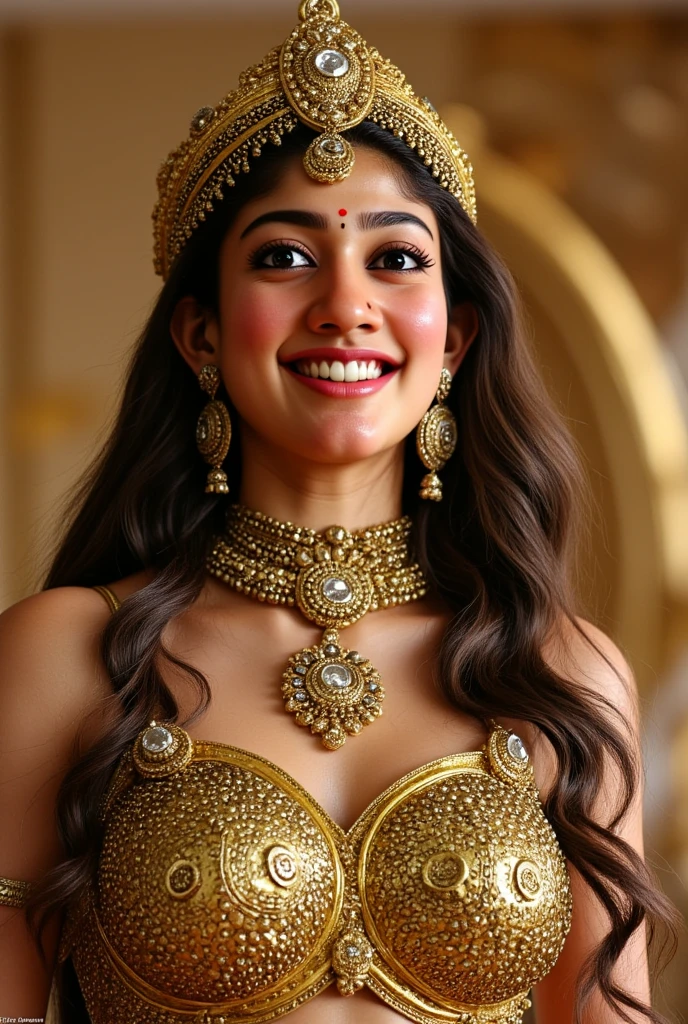 Looks Like Actress Tridha Chaudhary , "Design an illustration of a stunning and powerful warrior queen with a regal presence. Provocative figure, She should possess a combination of strength and grace. Imagine her in ornate, yet practical armor that complements her figure. The armor should be adorned with intricate details and symbols representing her royal lineage and warrior prowess. Her weapon of choice could be a unique and elegant sword or a mythical weapon that reflects her status as a formidable leader.

Her facial features should exude confidence and determination, with piercing eyes that convey both fierceness and wisdom. The queen's hair, whether long or short, should flow dynamically, hinting at her movement in battle. Consider incorporating elements that emphasize her connection to nature or a mythical realm, such as ethereal backgrounds, symbolic animals, or mystical symbols.

Pay attention to the color palette; use rich, bold colors that enhance her royal aura. Experiment with lighting to highlight specific details and create a sense of drama. Ensure that her posture and expression capture the essence of a queen who commands respect and admiration. Feel free to draw inspiration from historical warrior queens or fictional characters, blending elements to create a unique and captivating image.", intricate, flawless, skin texture, skin pores, hairy armpits, 