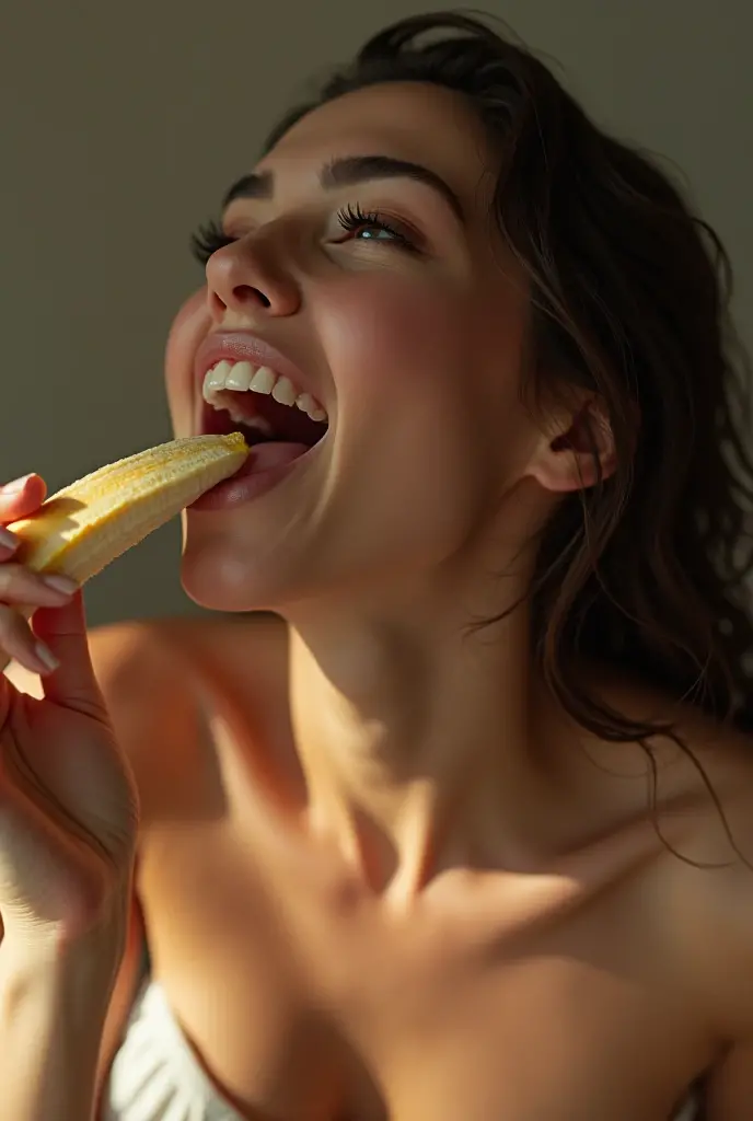 A woman experiencing sexual climax。With your right hand、holding a peeled banana。While feeling ecstasy、Like giving a blowjob、Banana in a naughty way、eating。Her mouth is wide open in excitement。