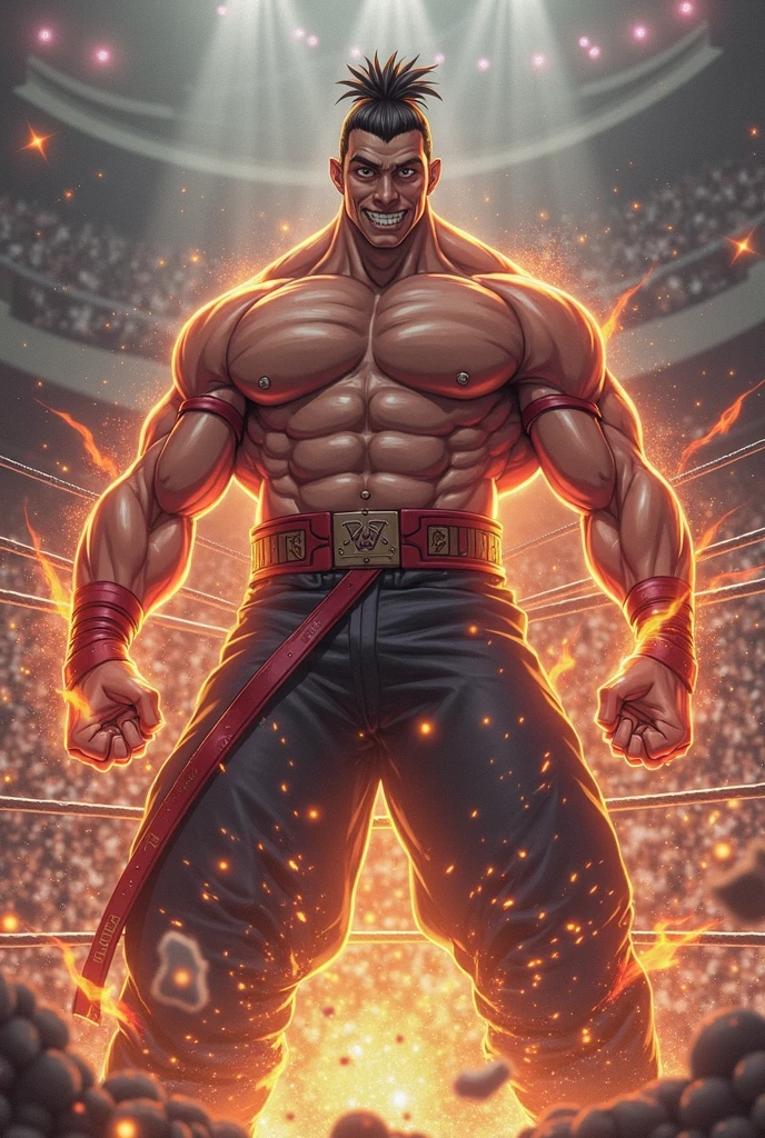 A strong, muscular man with short, fiery orange undercut hair, and freckles, dressed in red and black clothing. He is strikingly handsome with a perfectly sculpted body. In battle, he wields fire magic, with flames engulfing the entire scene, creating a dramatic and intense atmosphere. He commands the fire with powerful, sweeping gestures, his eyes glowing with a fierce, fiery intensity that showcases his mastery of the element. The background is ablaze with vibrant flames, enhancing the sense of power and heat. The image is rendered in a photorealistic, hyper-realistic 8k style, with studio lighting. Jean’s combat pose is dynamic and aggressive, making the image powerful and cinematic, with intense colors, vibrant HDR, and dramatic chiaroscuro lighting that highlights the fiery energy and motion.