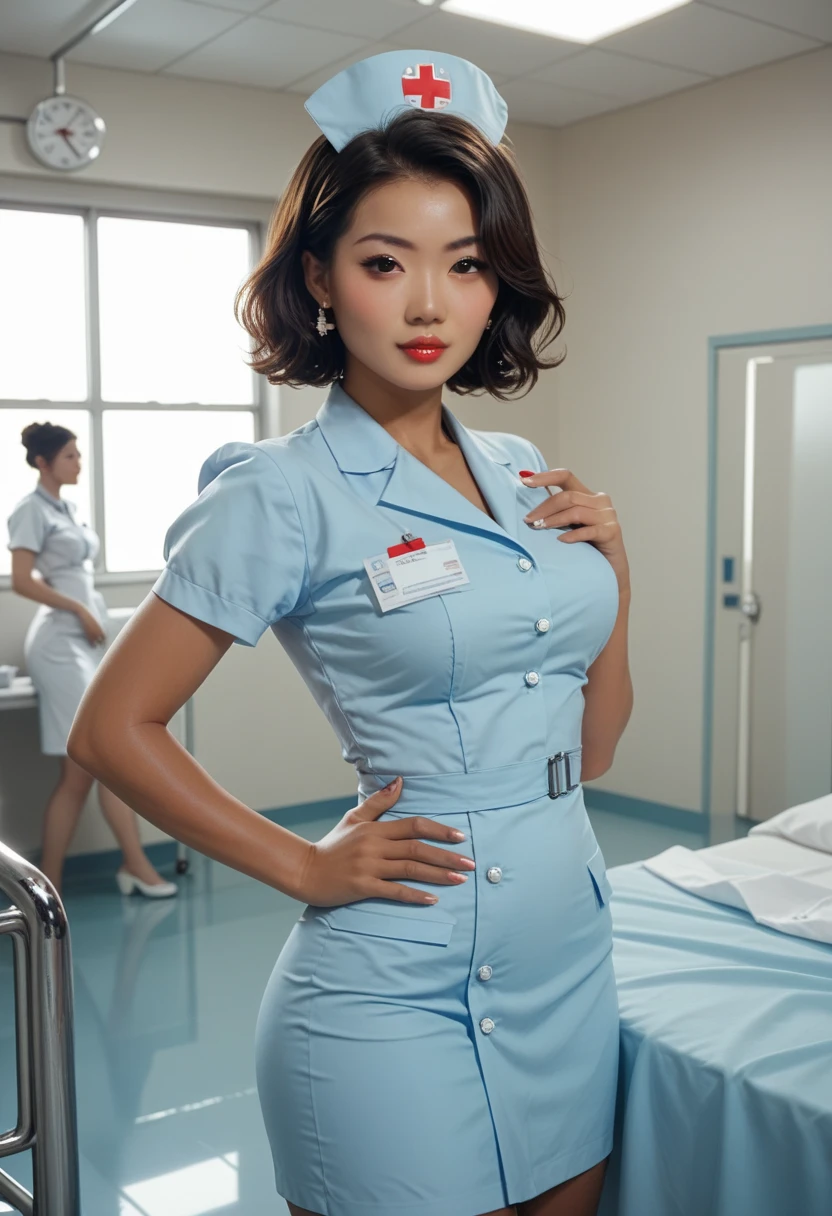 16k, (with chest:1.2), arms above head, (((open legs)), masterpiece, glossy nurse outfit, ((wearing))), college student Japan woman, wide waist, ((open legs)), (open mouth languidly), (open eyes wide), sweaty and shiny skin, brown hair, disheveled short hair, watch viewer , full body, perfect body