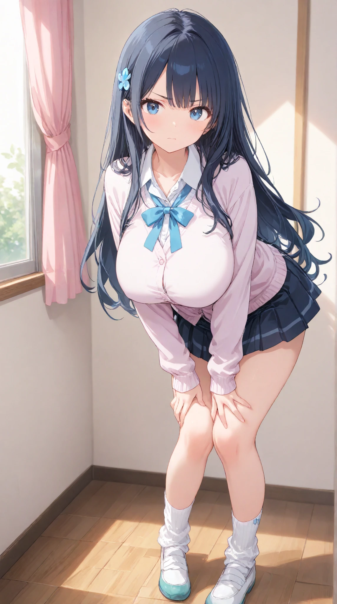 beautiful girl、、air removal room、Girly Fashion、Pleated skirt、Knee socks、Highest quality, smile,Sit with your legs apart、Big 、Thick thighs、girly panties、Girly bra、Sweaty ass、Sweaty crotch、Low Angle、Cowboy Shot、Big Breasts