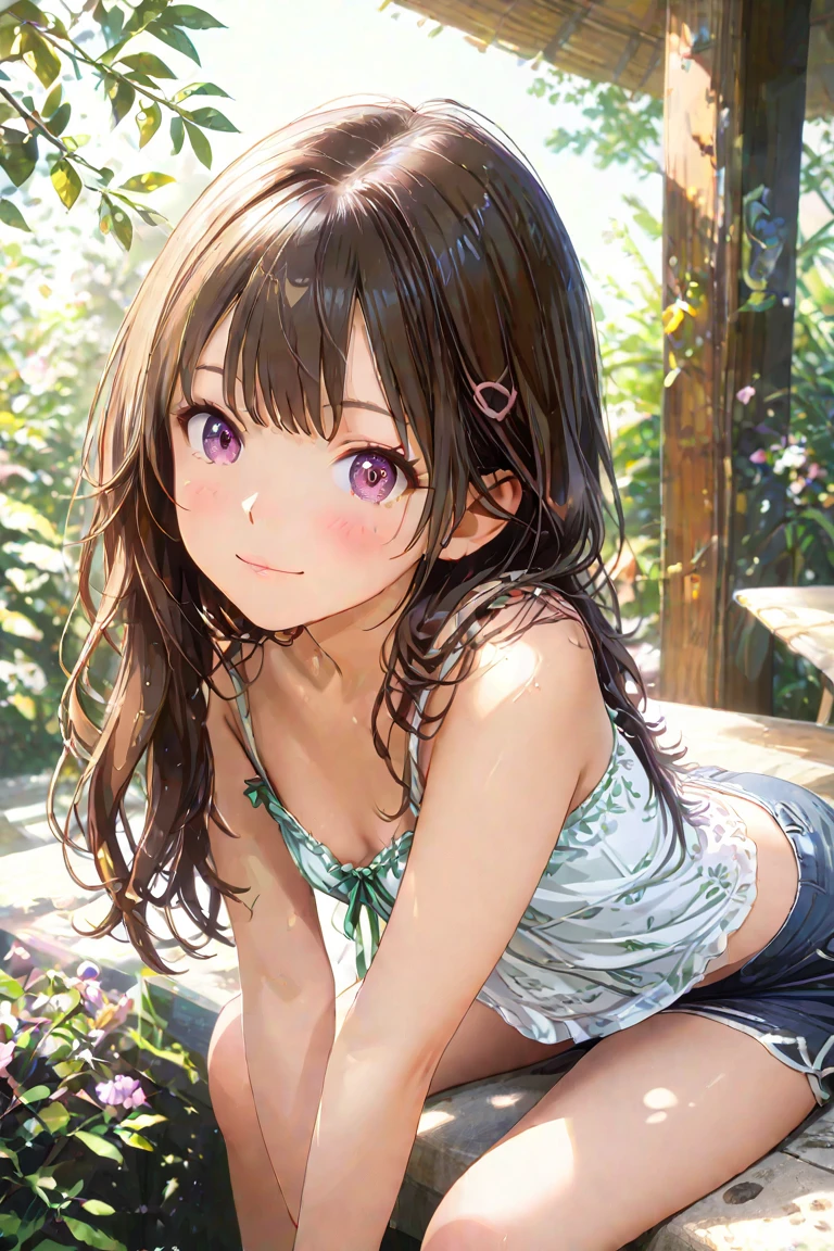 1girl,solo,yuuki mikan,, ,, (best quality:1.3),1girl,outdoor,camisole,nature,smile,nsfw,cowboy shot,(sweating),small breasts,leaning forward