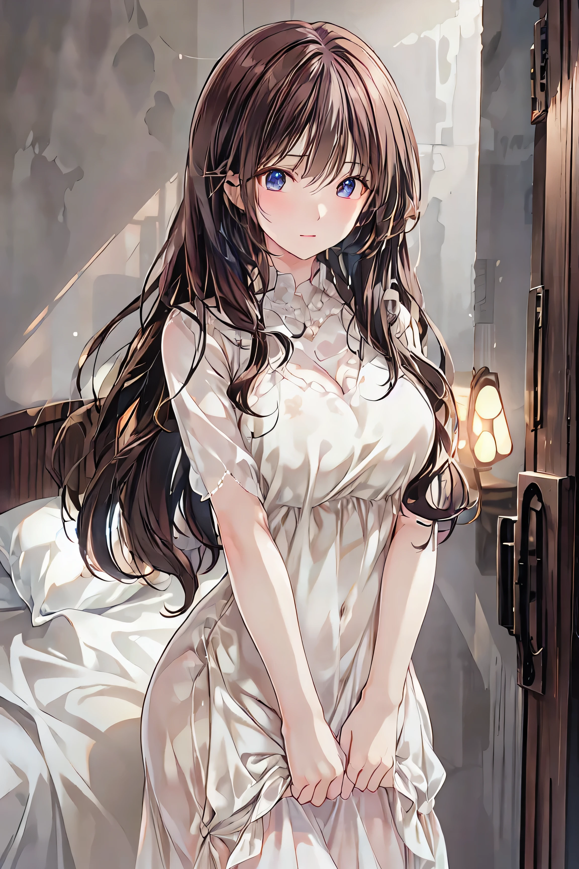 ( table top in bed)( high image quality )Couple in their 20s, woman1名、 unisex light clothing、woman向けロマンス、 Sparkling atmosphere 、Glossy appearance、 will be happy、Beautiful poop、 Devour each other however you like、Interview、 semen 、maleがwomanの胸や体を触る、womanがmaleにキスをする、make、woman( brown medium length hair 、 slightly larger breasts 、 nightgies 、close ~ eye)、Sweet Sigh、male( black hair short、Half-removed shirt、 Show off your legs 、強くclose ~ eye)、background(room、 bed、Turn off the lights、I closed the curtains..)、The night deepens、dim