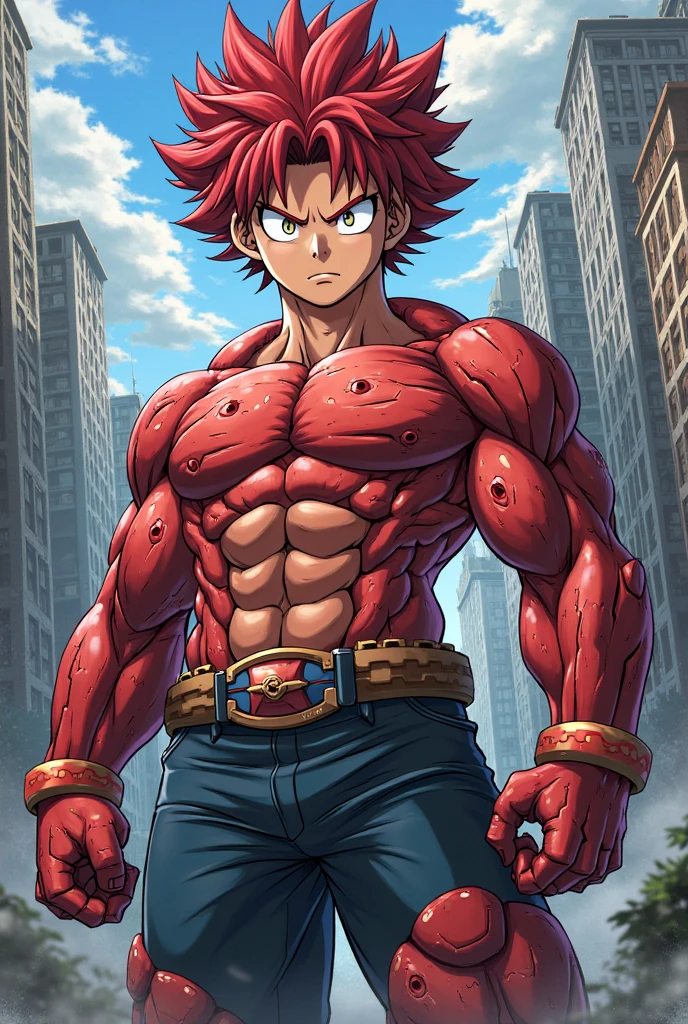 Enji Todoroki from My Hero Academia in anime style, I feel the manga, quality, shirtless, with scars,
