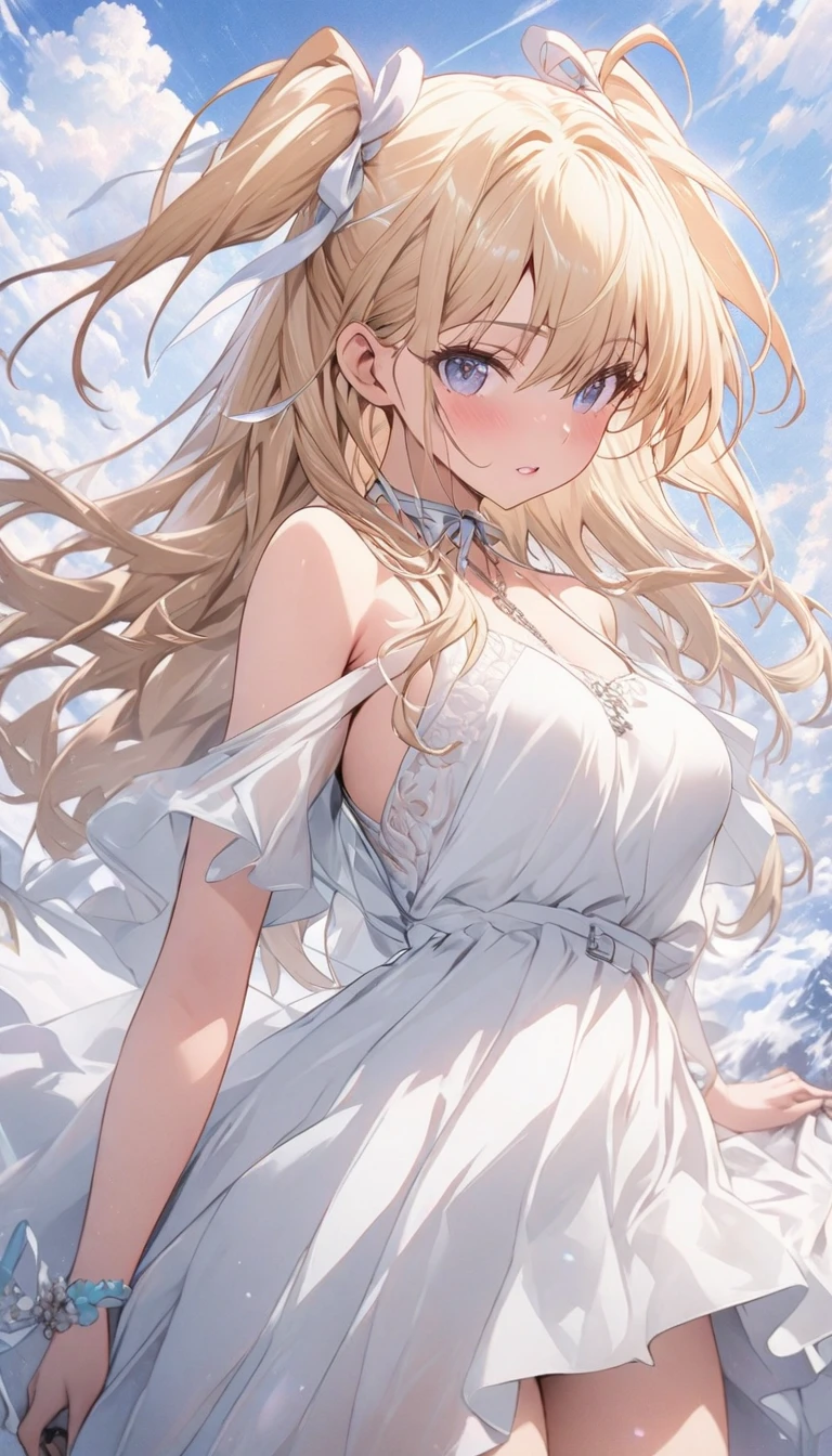 Anime Kawaii sexy Perfect Slim sensual body large breast and huge thighs, An intricate and highly detailed illustration of anime (Young girl)  An extremely beautiful stunning woman with a perfect busty body, gold blonde long silky hair, big blue eyes, extremely super bright snow white fair stunning flawless glowing lush shiny flawless white skin, a perfect tight hourglass figure, and a skinny waist, sexy thick smooth luscious legs, and thighs, extremely cute smile on the face, bright pink blushes on cheeks, wearing a tight knee-length white floral dress, pink off-shoulder sweater, yellow heels, gold necklace on the neck, gold anklets on feet, gold chain on the waist, standing straight, holding a chocolate bar, garden in the background, show full body from head to feet.
